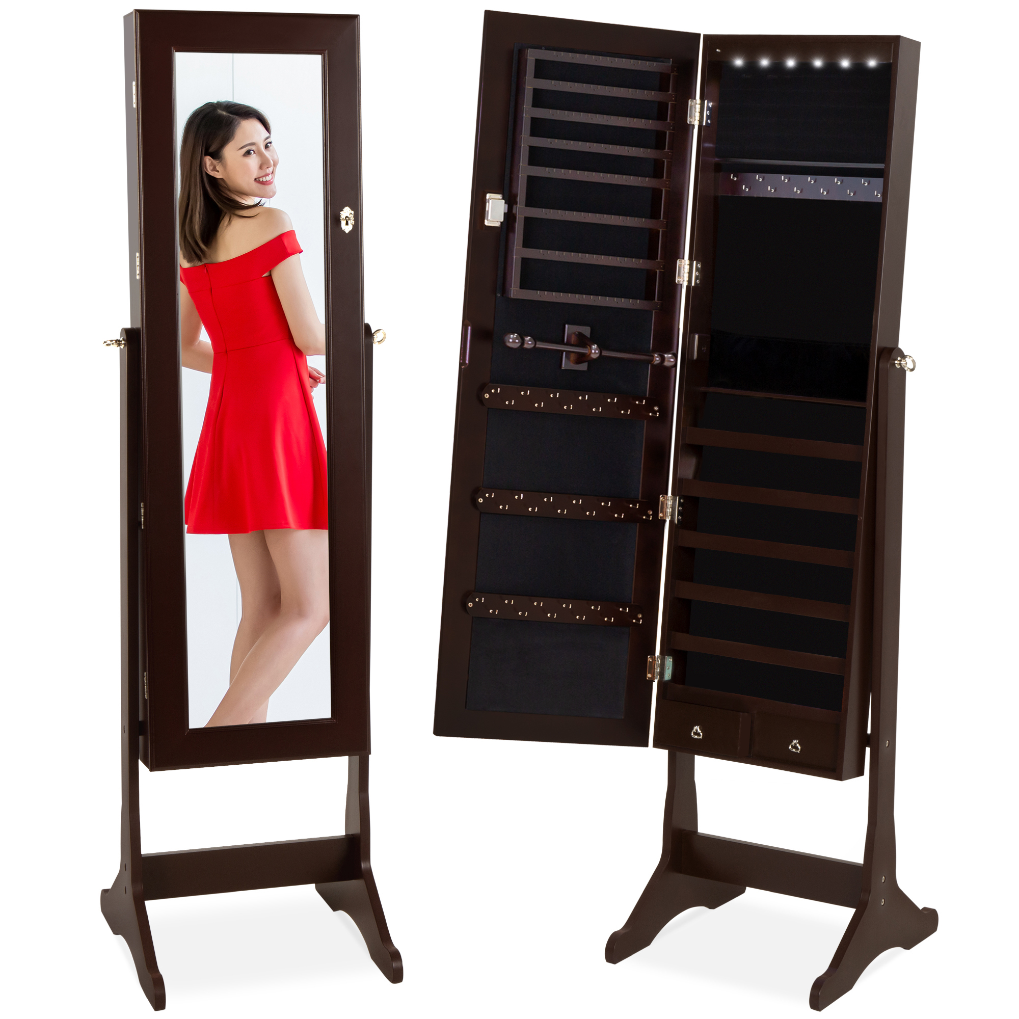 Standing Mirrored Jewelry Armoire Organizer, Lockable Full Length Storage Cabinet w/ 6 LED Interior Lights - Espresso