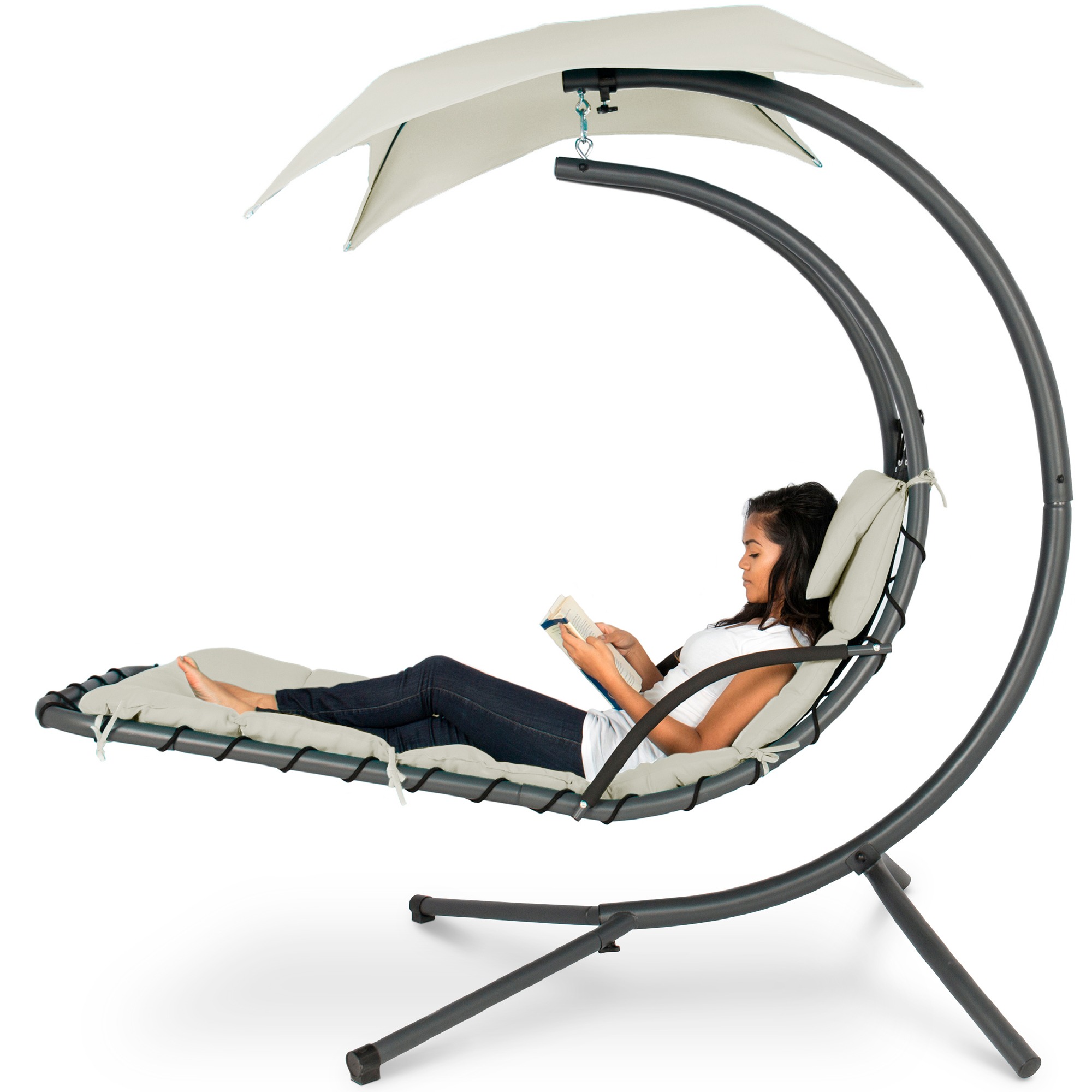 Hanging Curved Chaise Lounge Chair Swing For Backyard, Patio w/ Pillow, Canopy, Stand - Ivory - Best Choice Products Online