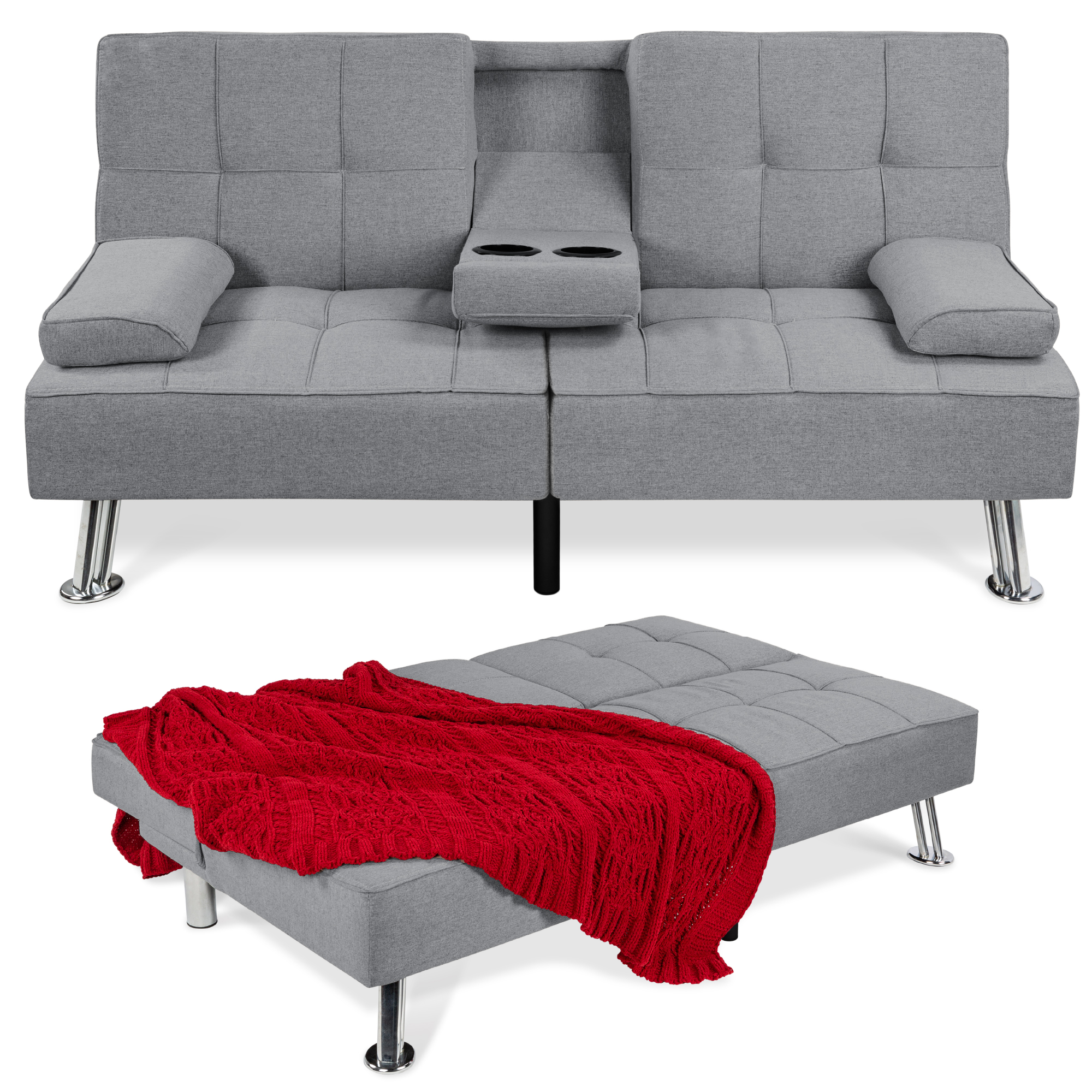 Linen Upholstered Convertible Sofa Bed Futon, Modern Design w/ Removable Armrests, Metal Legs, 2 Cupholders - Gray - Best Choice Products Online