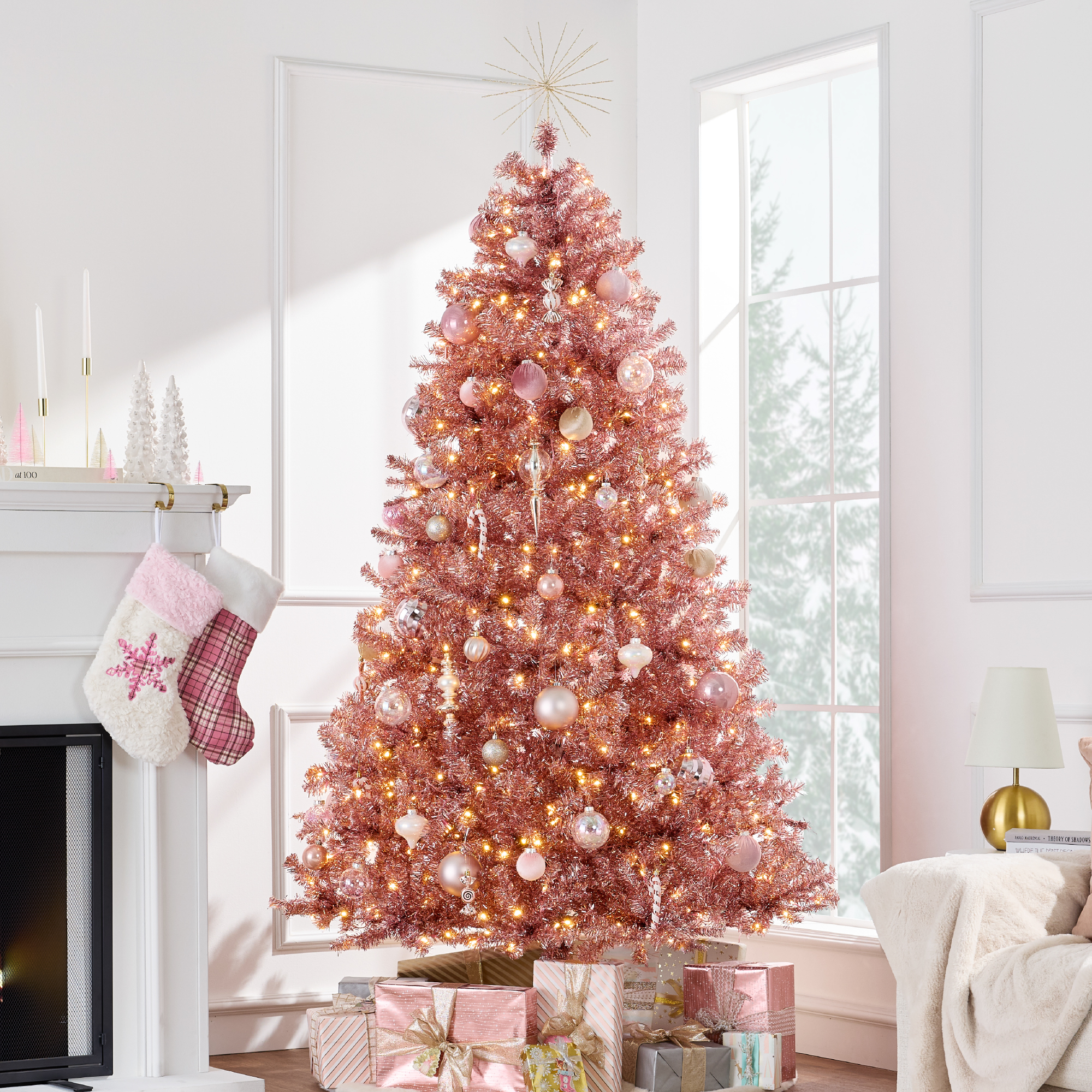 9ft Pre-Lit Artificial Tinsel Christmas Tree Festive Holiday Decoration w/ 2,097 Tips - Pink - Best Choice Products Online