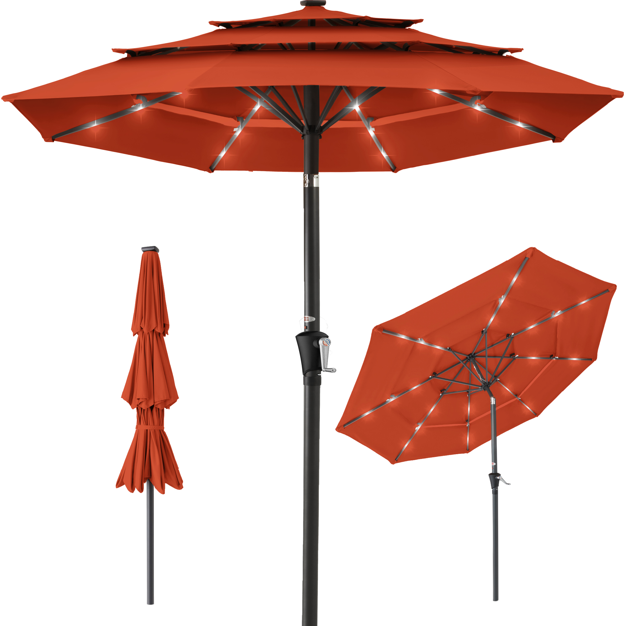 10ft 3-Tier Solar Patio Umbrella w/ 24 LED Lights, Tilt Adjustment, Easy Crank - Rust - Best Choice Products Online