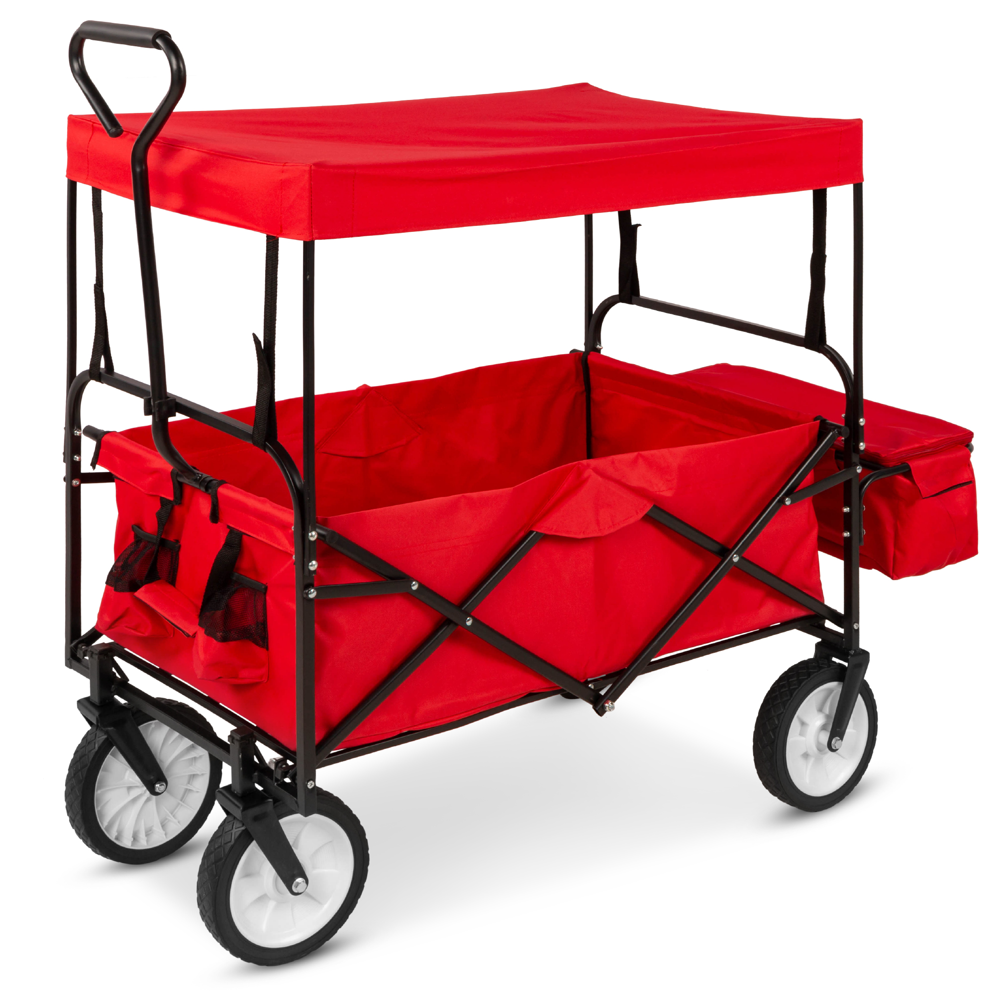 Utility Cargo Wagon Cart w/ Folding Design, Removable Canopy, Cup Holders - Red | Best Choice Products Online