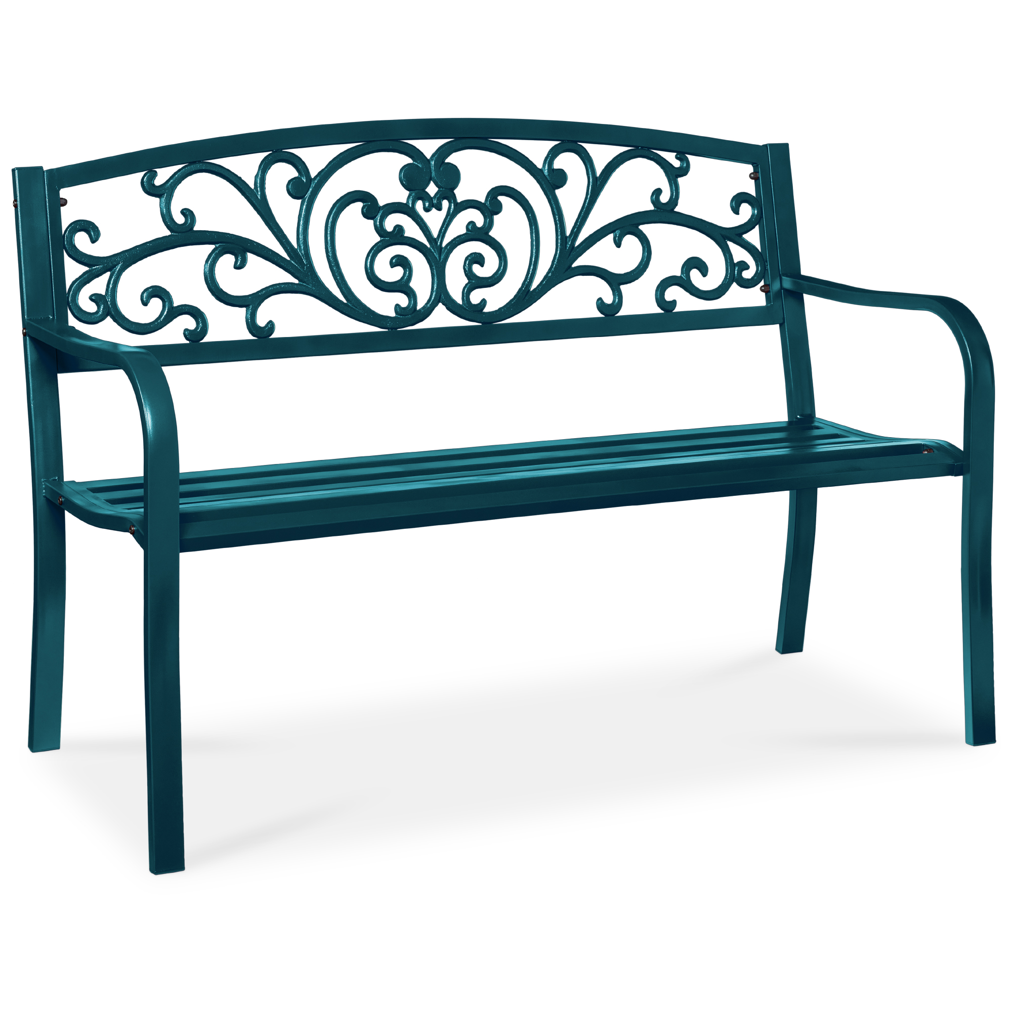 50in Outdoor Patio Garden Bench, Park Yard Furniture Porch Chair w/ Steel Frame, Slatted Seat, Floral Design - Peacock Blue - Best Choice Products
