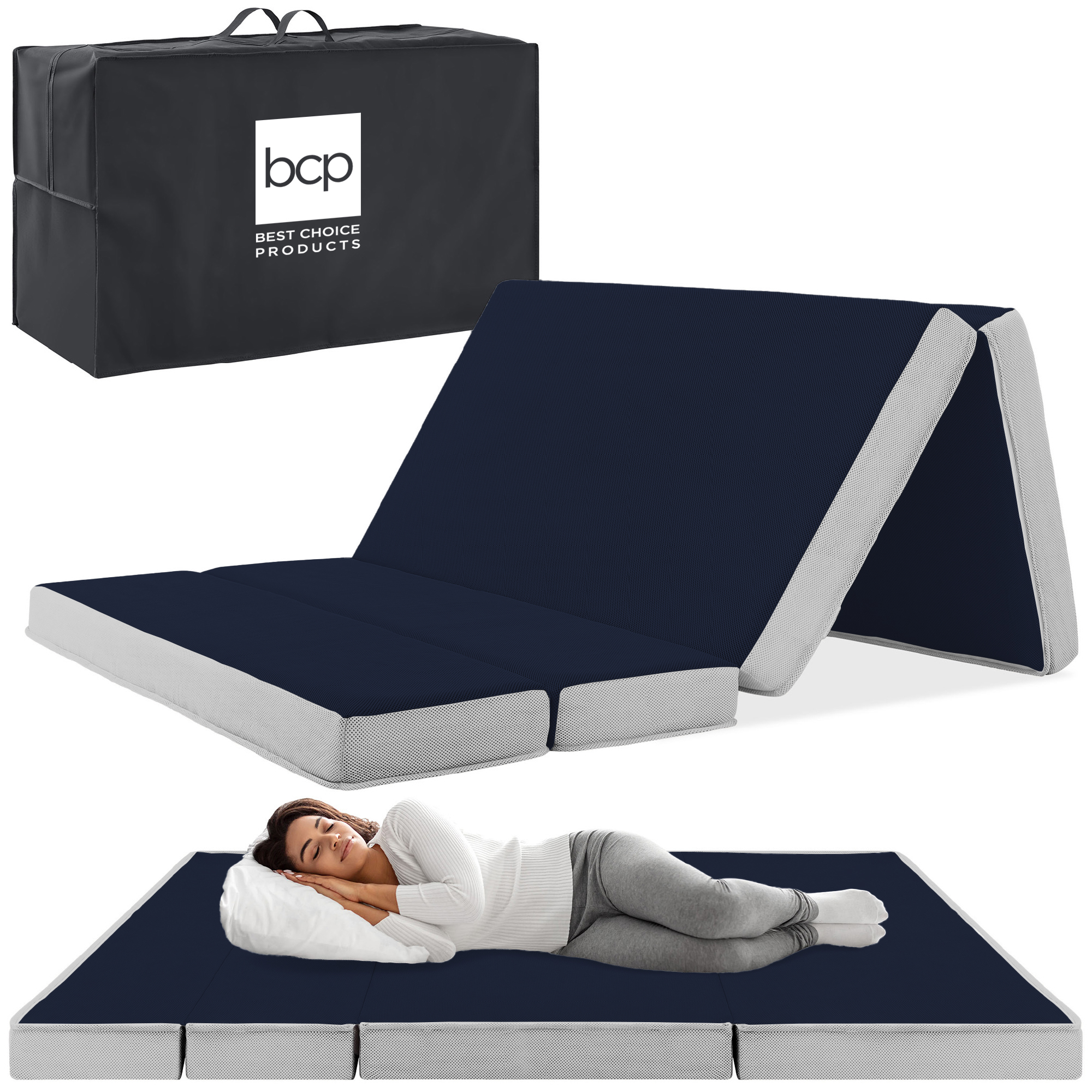 4in Thick Folding Portable Queen Mattress Topper w/ Carry Case, Washable Cover - Midnight Blue - Best Choice Products Online