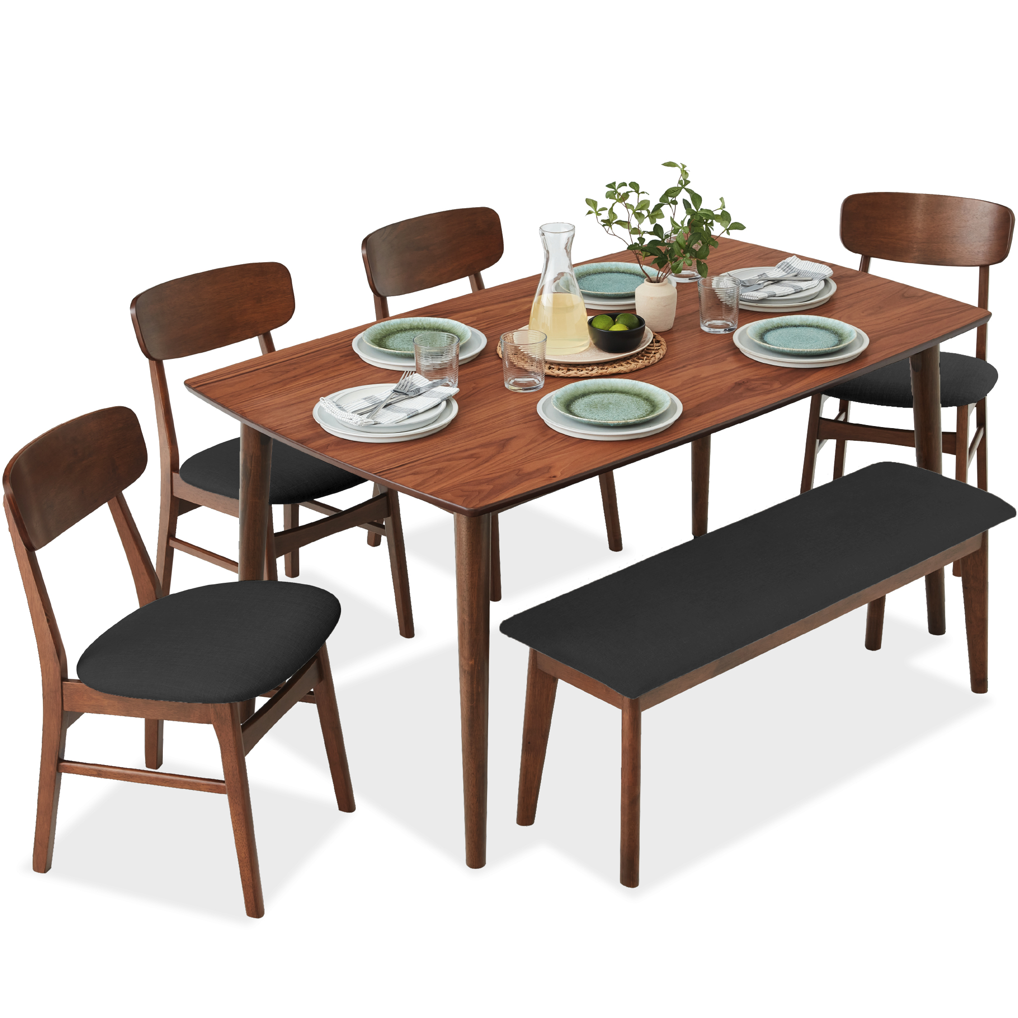 6-Piece Mid-Century Modern Dining Set, Wooden Table & Upholstered Chair & Bench Set - Walnut/Charcoal - Best Choice Products Online