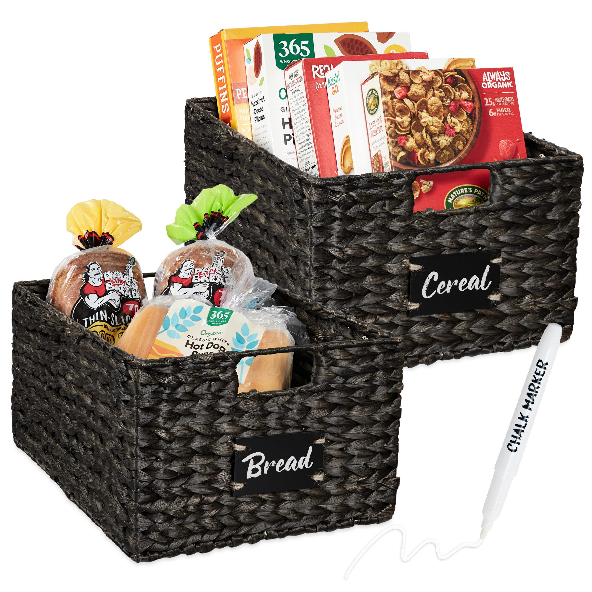 2-Set 16in Woven Water Hyacinth Pantry Baskets w/ Chalkboard Label, Chalk Marker - Black - Best Choice Products Online