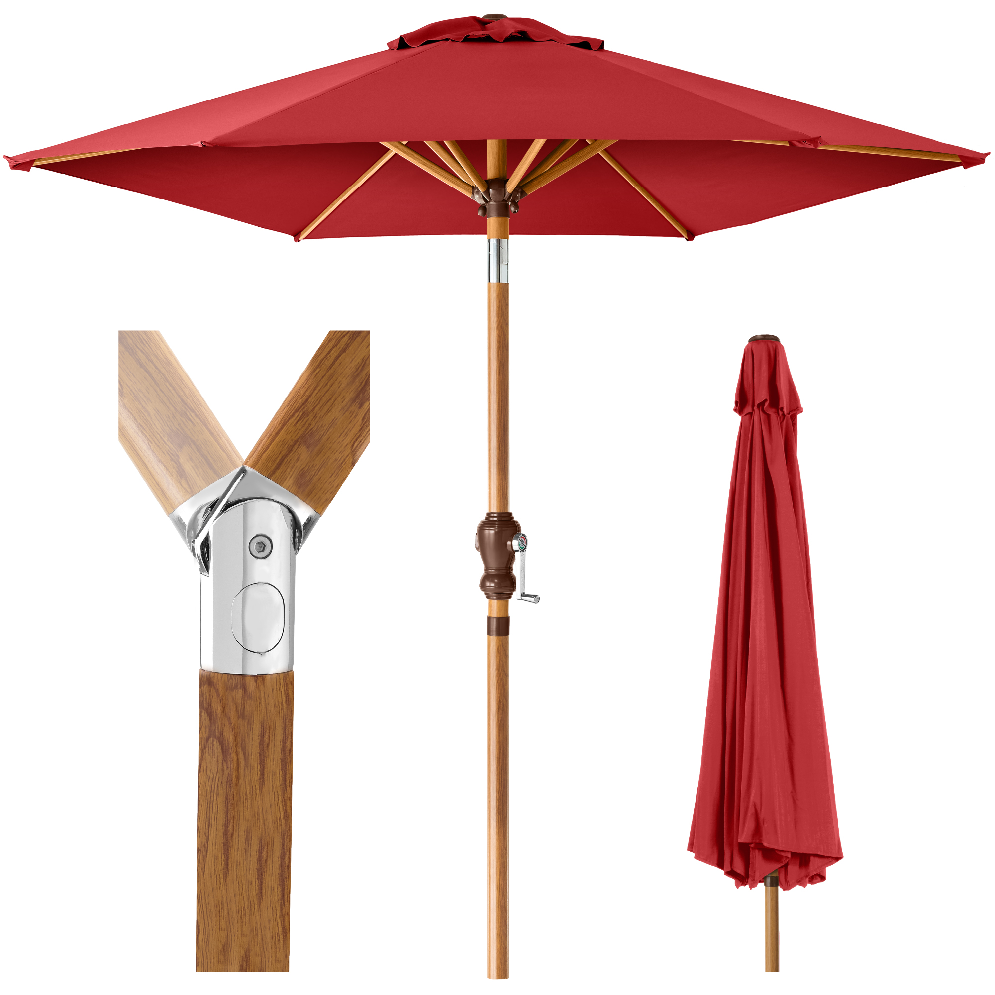 10ft Market Patio Umbrella w/ Crank, Tilt, Woodgrain Pattern Steel - Red - Best Choice Products Online