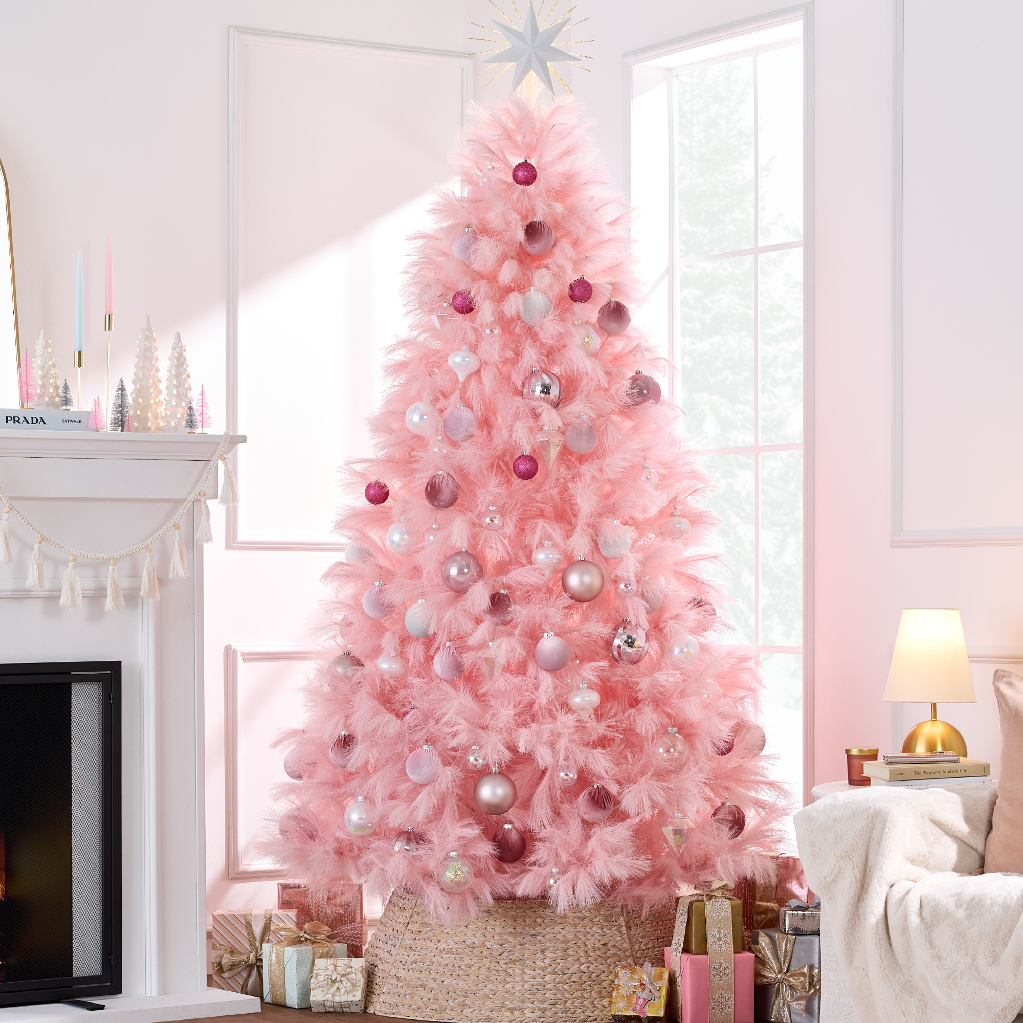 9ft Premium Artificial Pink Pampas Christmas Tree Holiday Décor w/ Foldable Metal Base - Best Choice Products Online