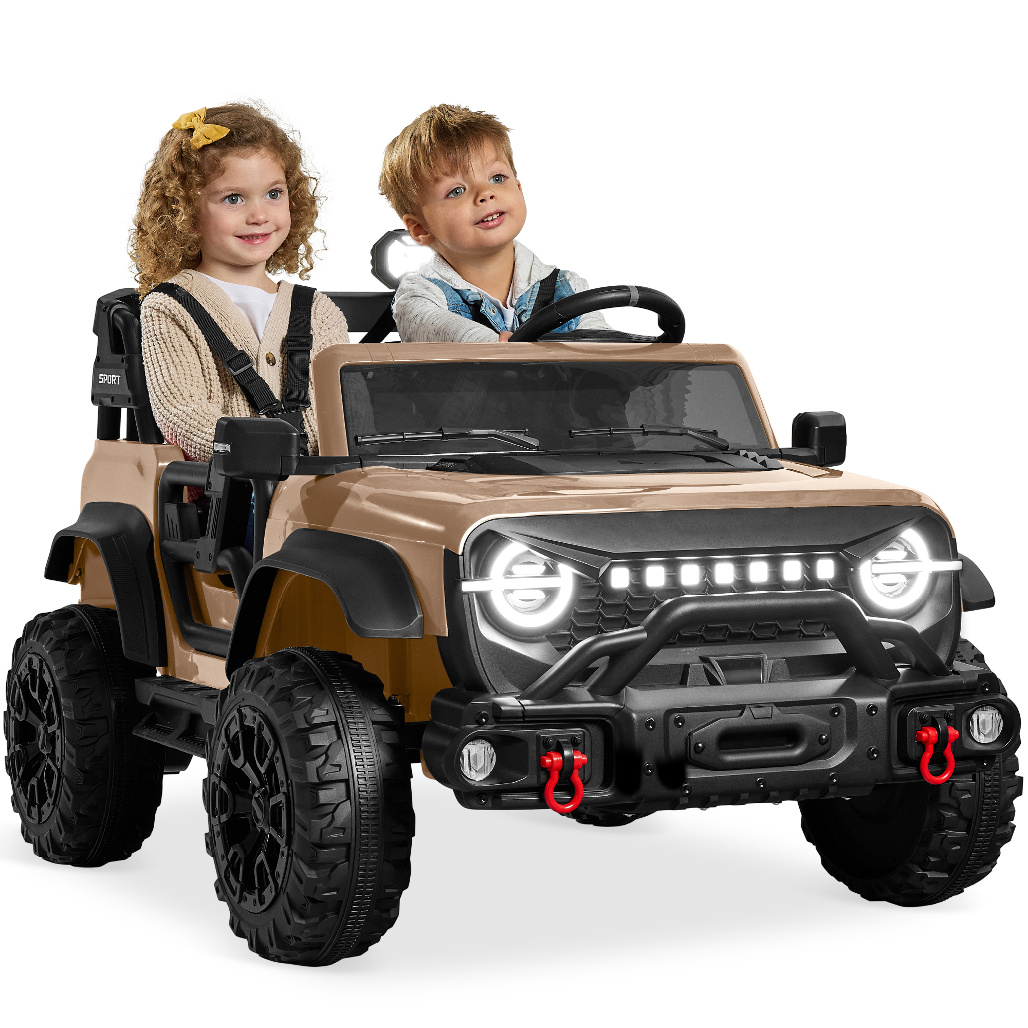 Kids 24V 2-Seater Electric Ride-On Car Truck w/ Parent Control, Bluetooth, LED Lights - Tan - Best Choice Products Online