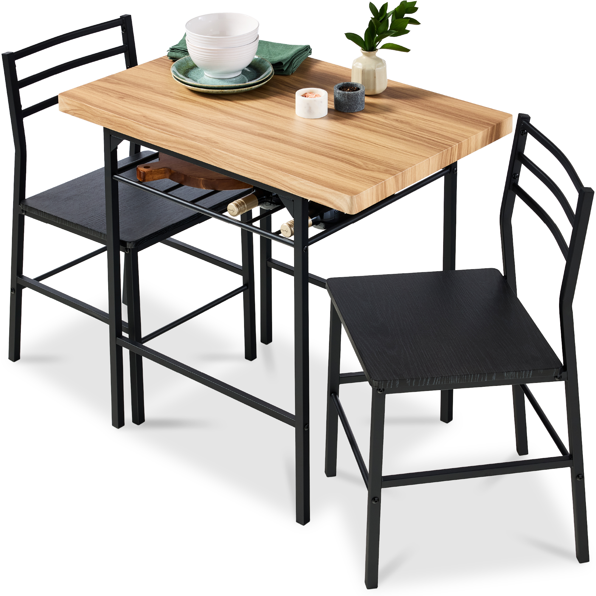3-Piece Modern Dining Set, Square Table & Chairs Set w/ Steel Frame, Built-In Storage Rack - Medium Brown - Best Choice Products Online