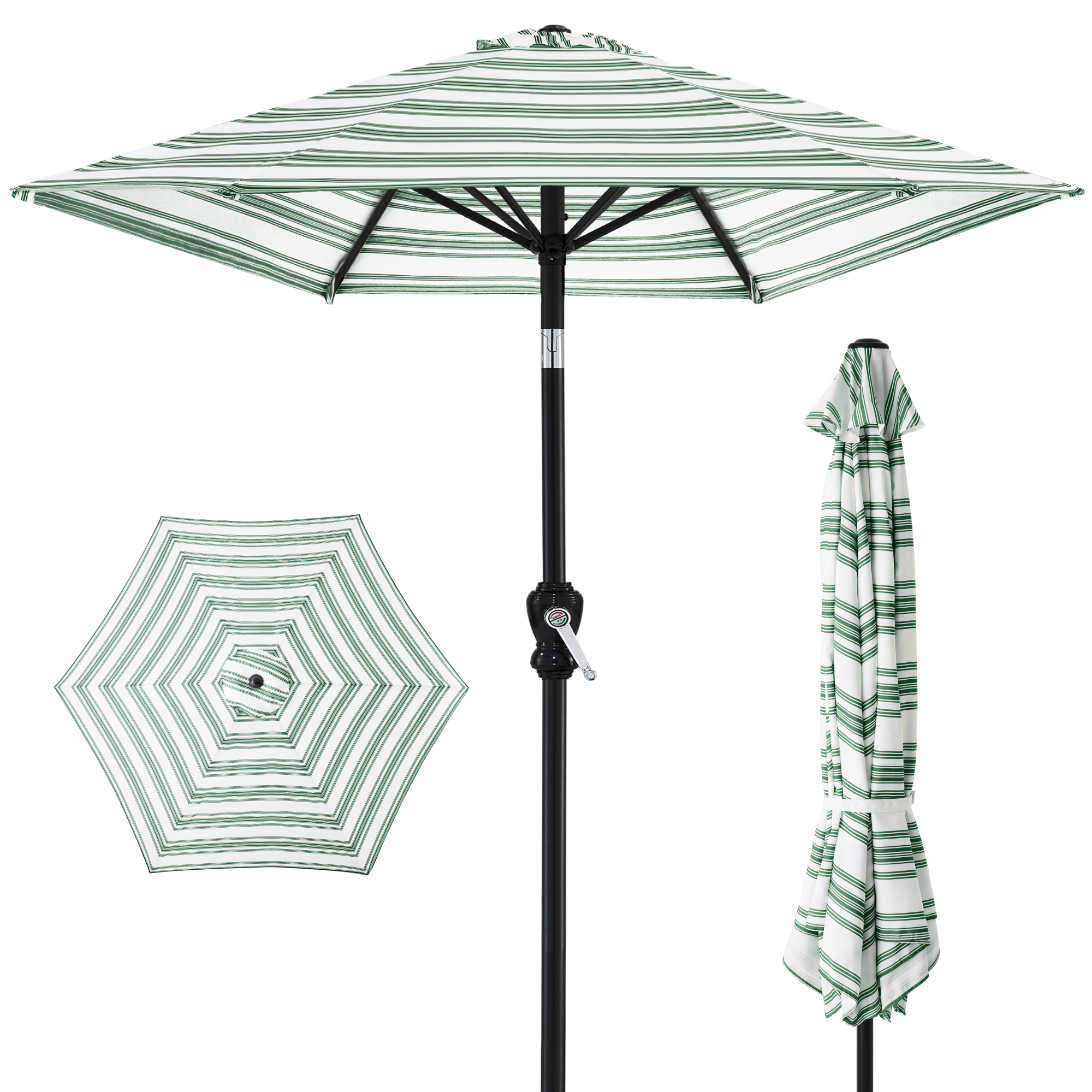 10ft Outdoor Steel Market Patio Umbrella w/ Crank, Tilt Push Button, 6 Ribs - Striped Green - Best Choice Products Online