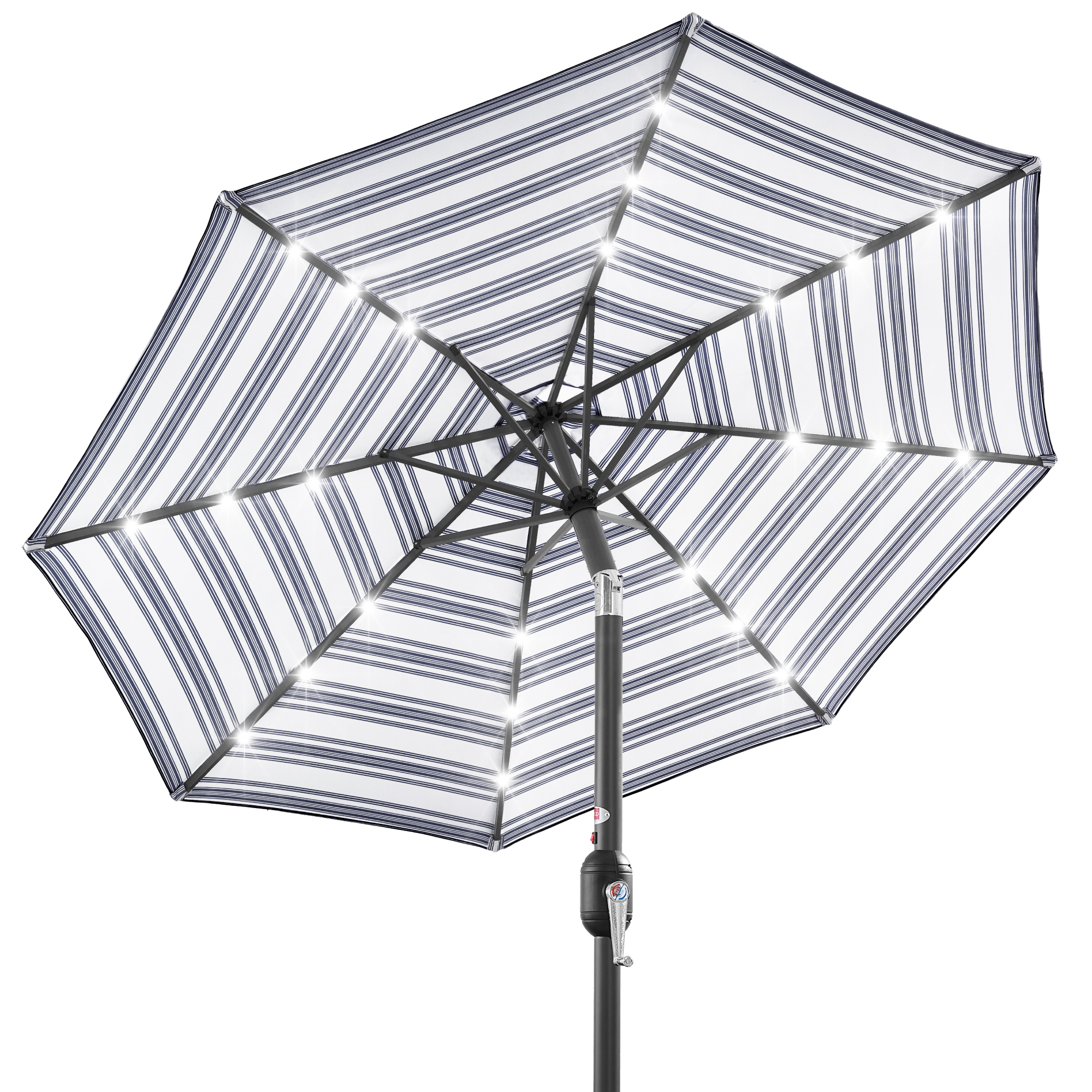 10ft Solar LED Lighted Patio Umbrella w/ Tilt Adjustment, UV-Resistant Fabric - Striped Navy Blue - Best Choice Products Online