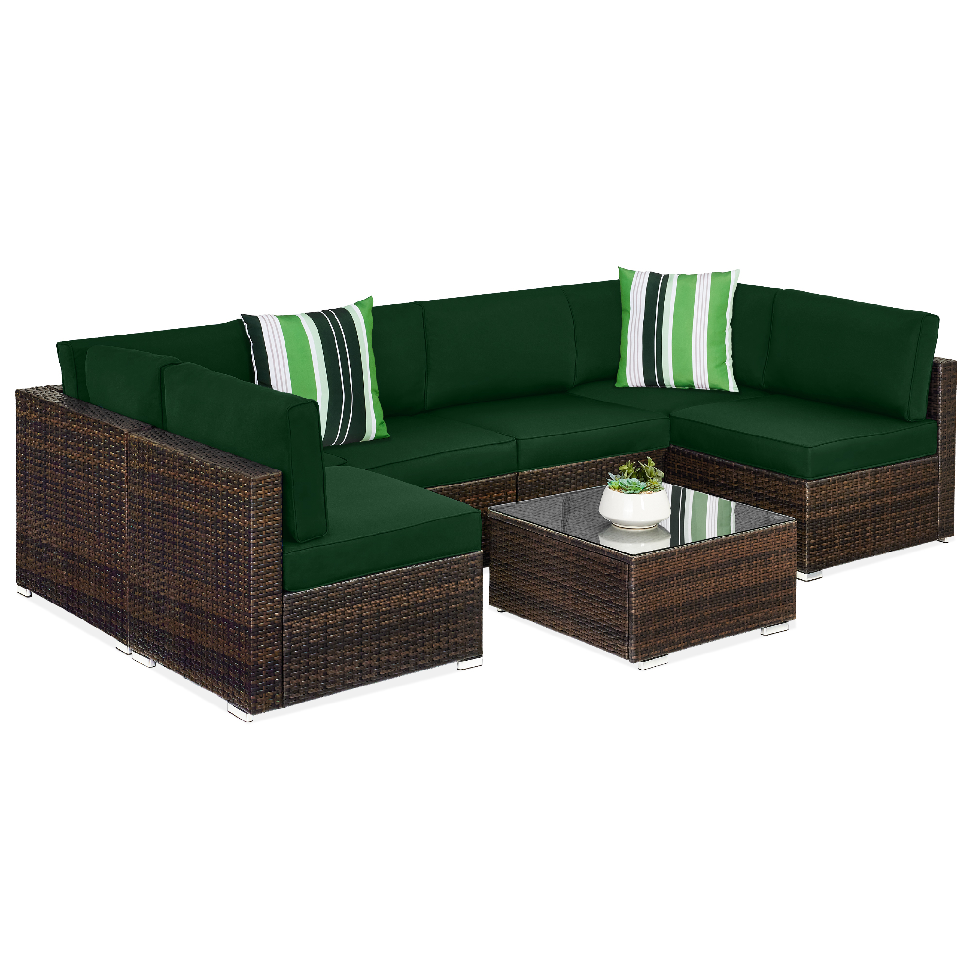 7pc Modular Wicker Sectional Sofas & Glass Top Table Outdoor Patio Furniture Set w/ 2 Pillows, Cover - Brown/Midnight Green - Best Choice Products