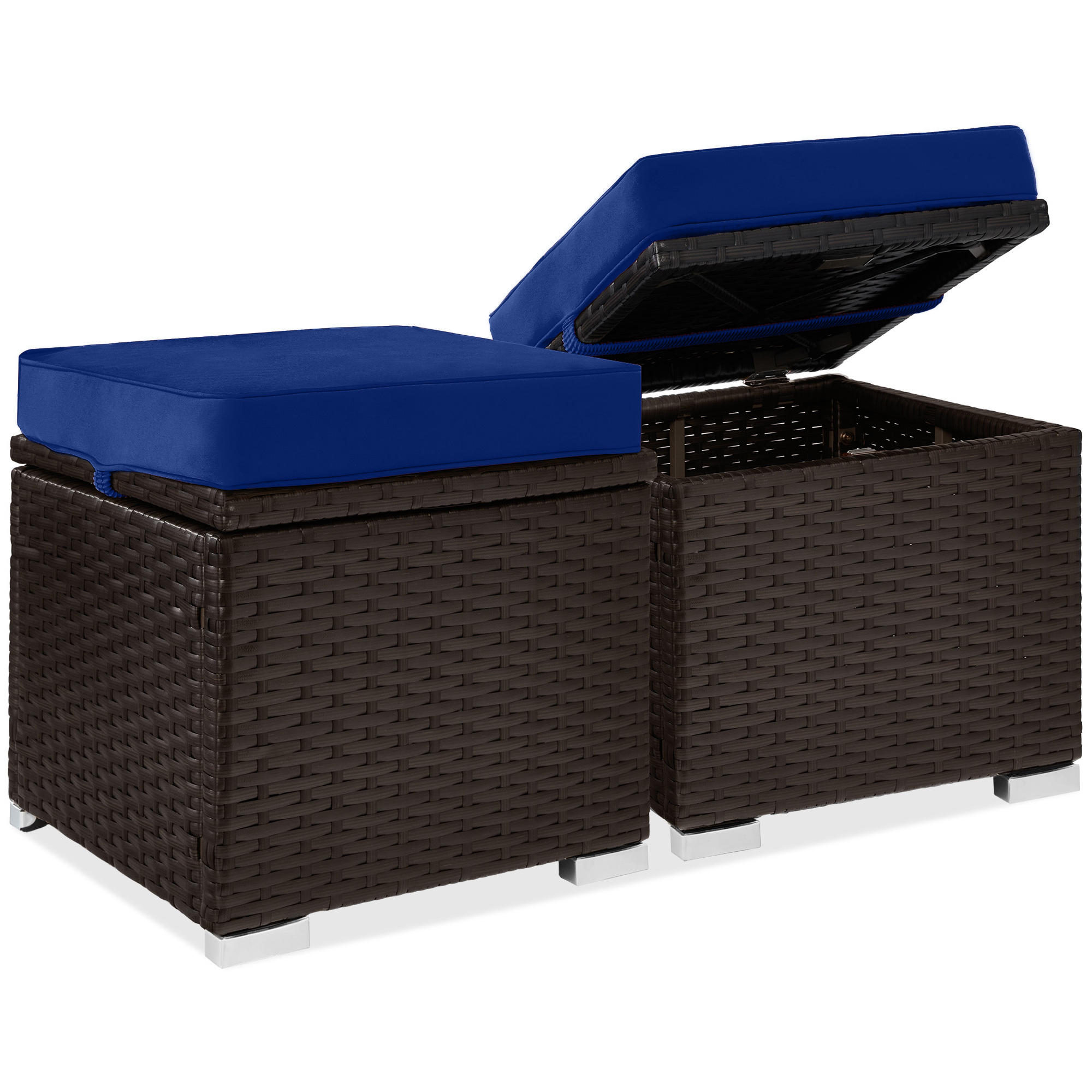 2 Wicker Ottomans, Multipurpose Storage Furniture w/ Removable Cushions, Steel Frame - Navy/Brown - Best Choice Products Online