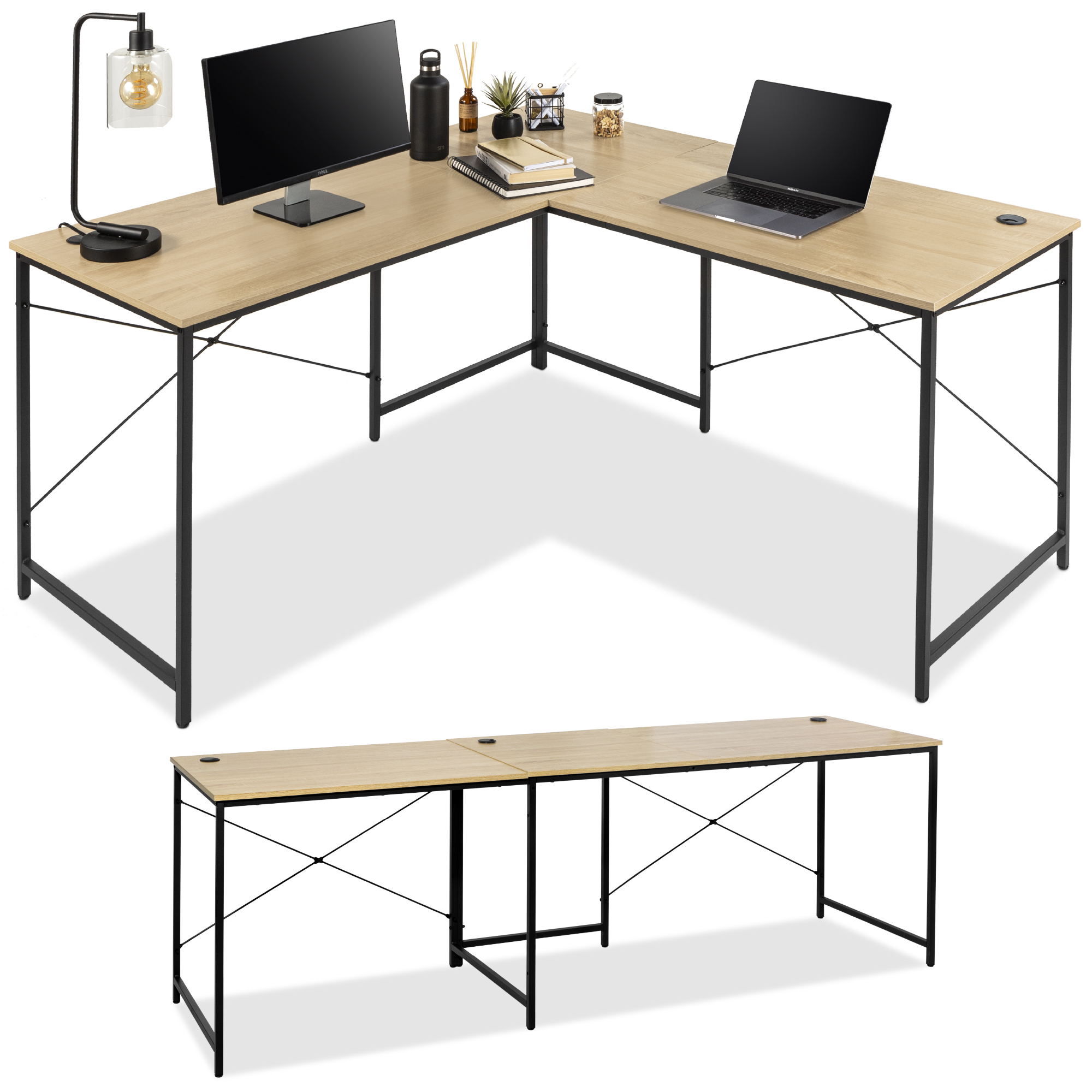 Corner Workstation, 94.5in Modular L-Shaped Desk, 2-Person Study Table For Home, Office - Oak/Black - Best Choice Products Online