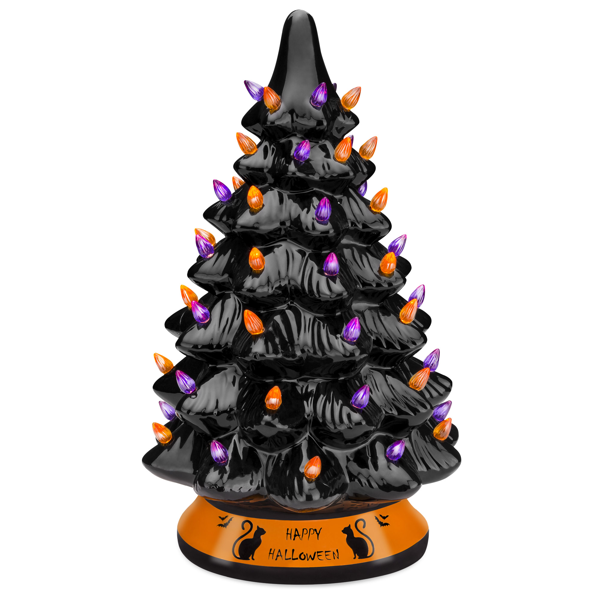 Halloween Ceramic Tabletop Tree, 15in Pre-Lit Hand-Painted Holiday Decoration w/ Orange & Purple Bulb Lights - Best Choice Products Online