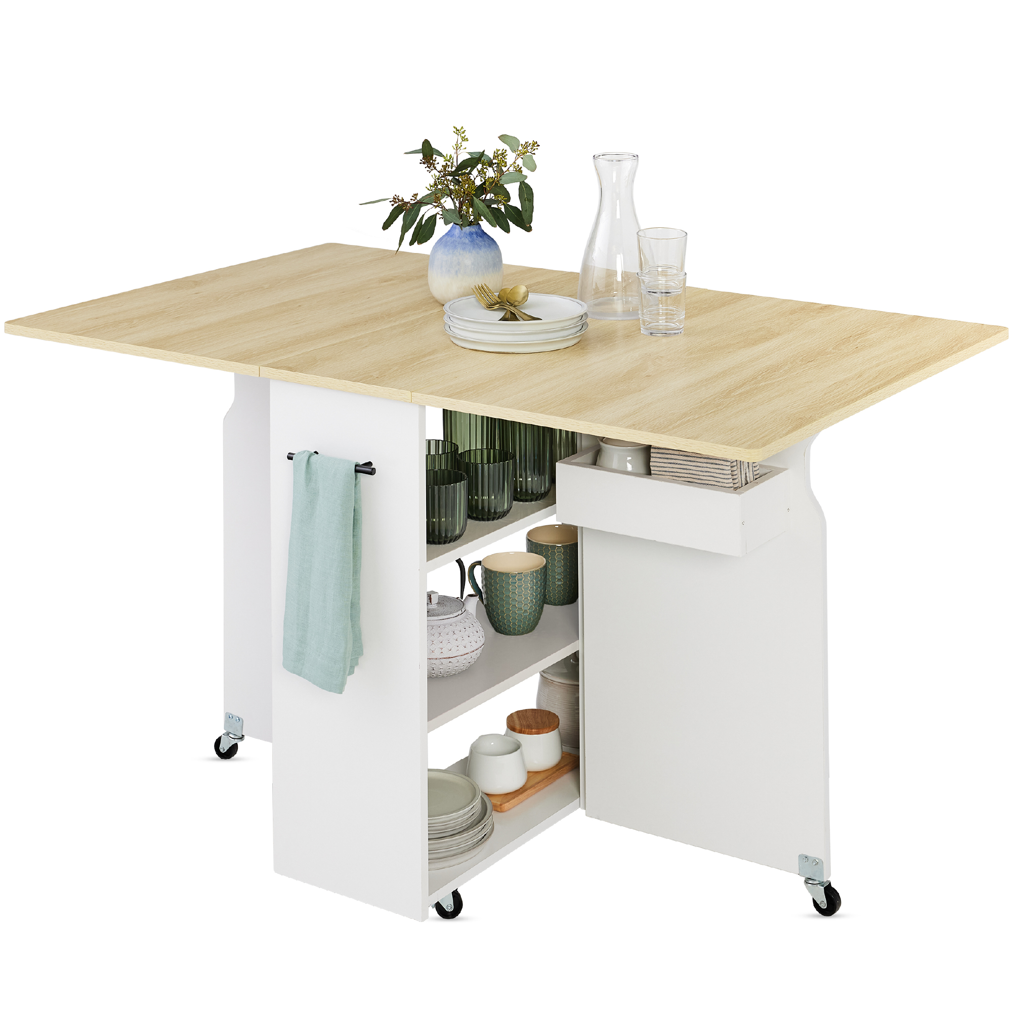 Multipurpose Folding Table w/ Built-in Wheels, 3 Storage Shelves, Cubby, Carrying Handle - Oak/White - Best Choice Products Online