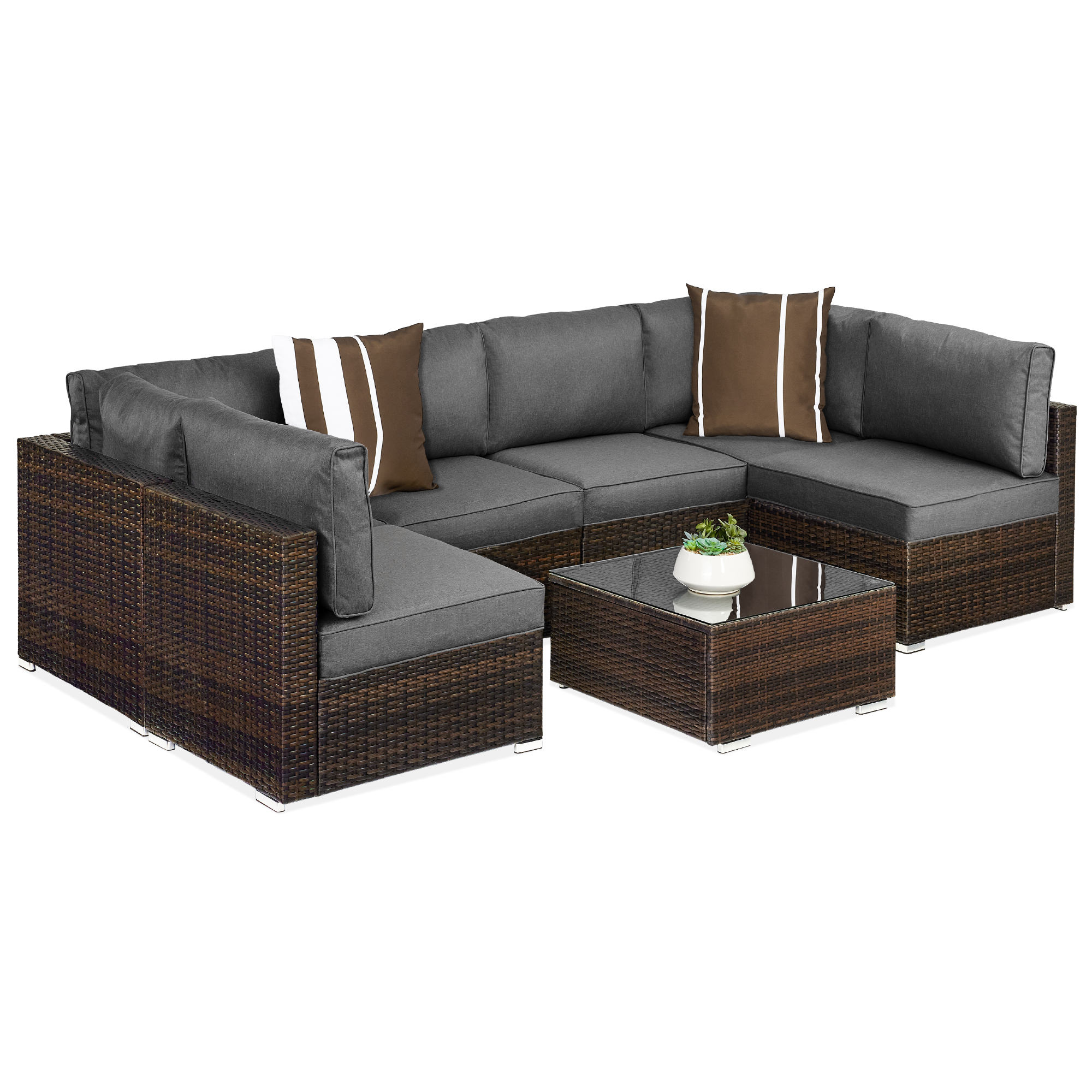 7pc Modular Wicker Sectional Sofas & Glass Top Table Outdoor Patio Furniture Set w/ 2 Pillows, Cover - Brown/Stone Gray - Best Choice Products