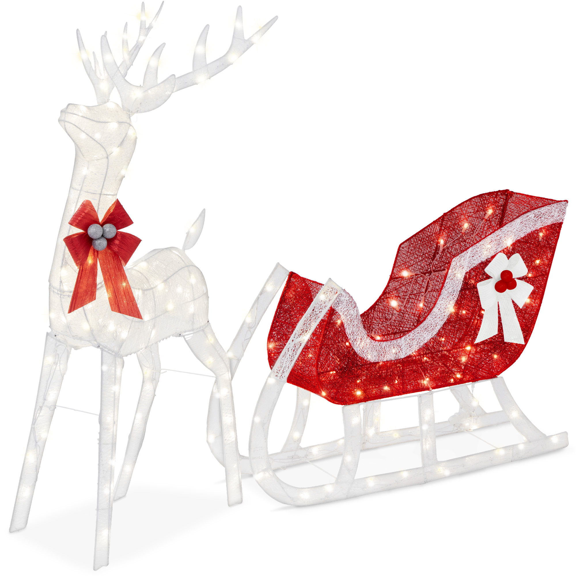 Lighted Christmas 4ft Reindeer & Sleigh Outdoor Decor Set w/ 205 LED Lights, Stakes - White - Best Choice Products Online