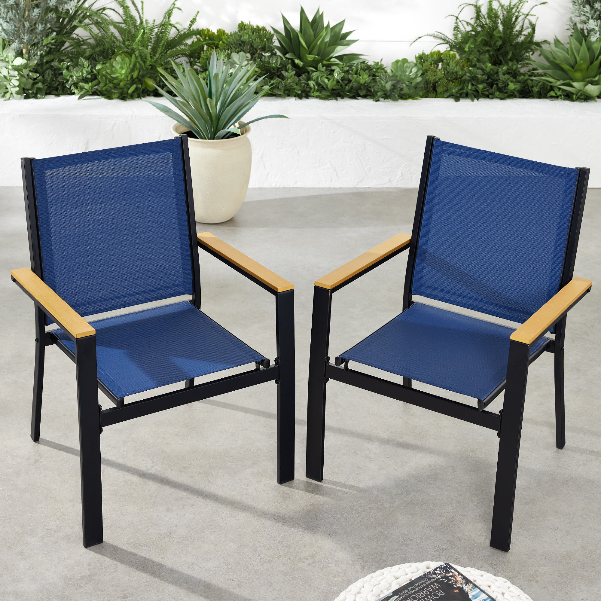 Set of 2 Stackable Textilene Chairs w/ Armrests, Dining Accent Furniture - Black/Navy - Best Choice Products Online