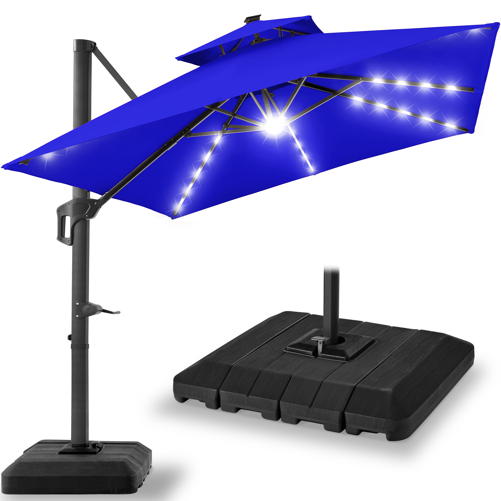 10ft 2-Tier Square Outdoor Solar LED Cantilever Patio Umbrella w/ Base Included - Resort Blue - Best Choice Products Online