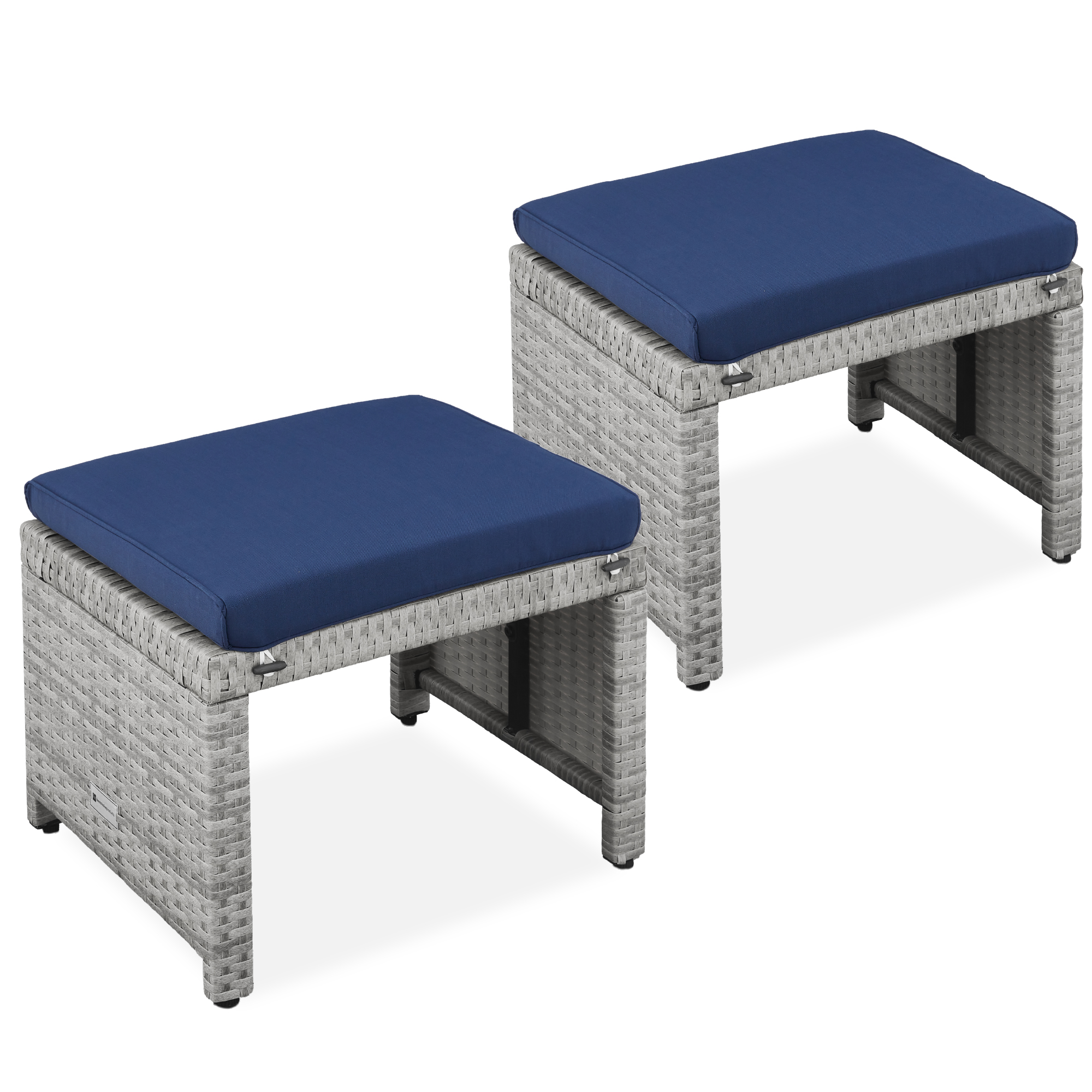 Multipurpose Patio Wicker Ottomans w/ Removable Cushions, Steel Frame, Set of 2 - Gray/Navy - Best Choice Products Online
