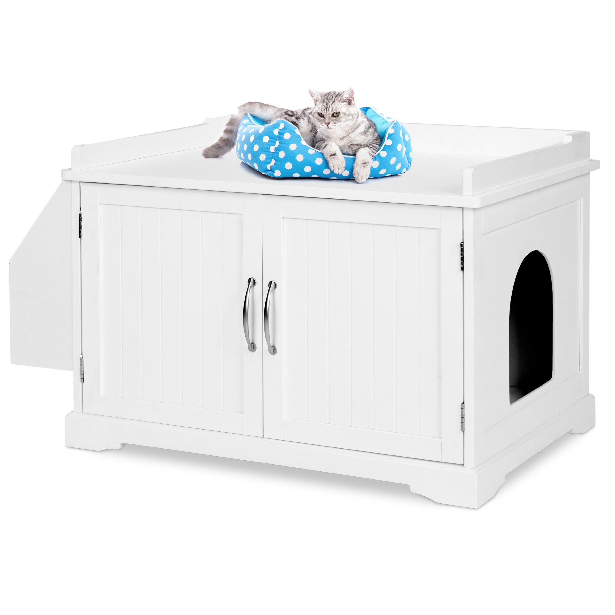 Large Wooden Cat Litter Box Enclosure, Storage Cabinet Bench Table w/ Magazine Rack - White | Best Choice Products Online