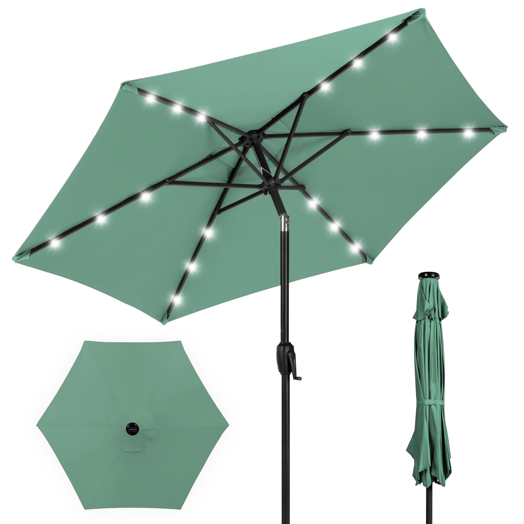 7.5ft Patio Umbrella w/ Solar LED Lights For Deck, Pool w/ Push Button Tilt & Easy Crank Lift - Seaglass - Best Choice Products Online