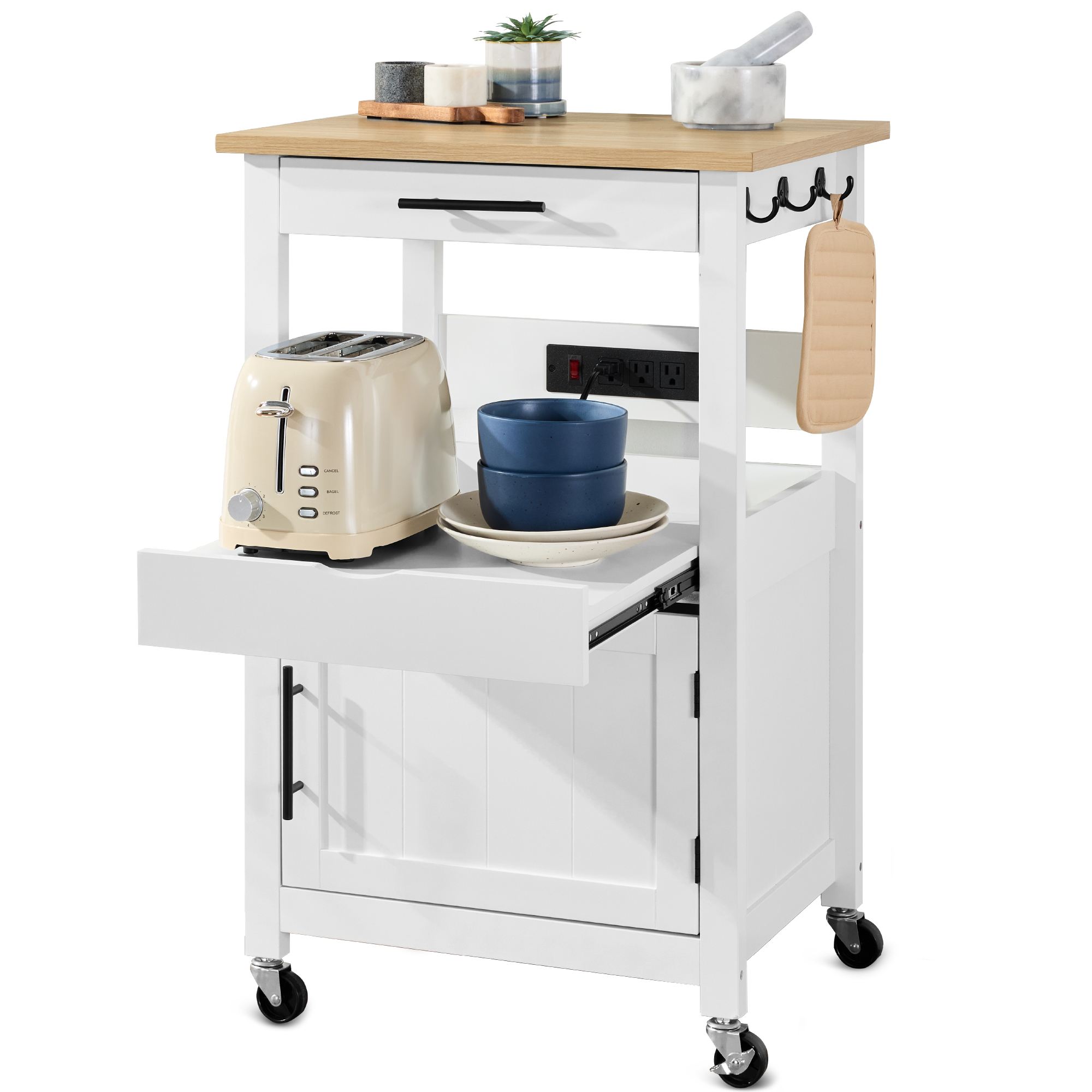 Rolling Kitchen Island Cart, Single Door Cabinet w /Drawer, Sliding Tray, Outlet - White - Best Choice Products Online