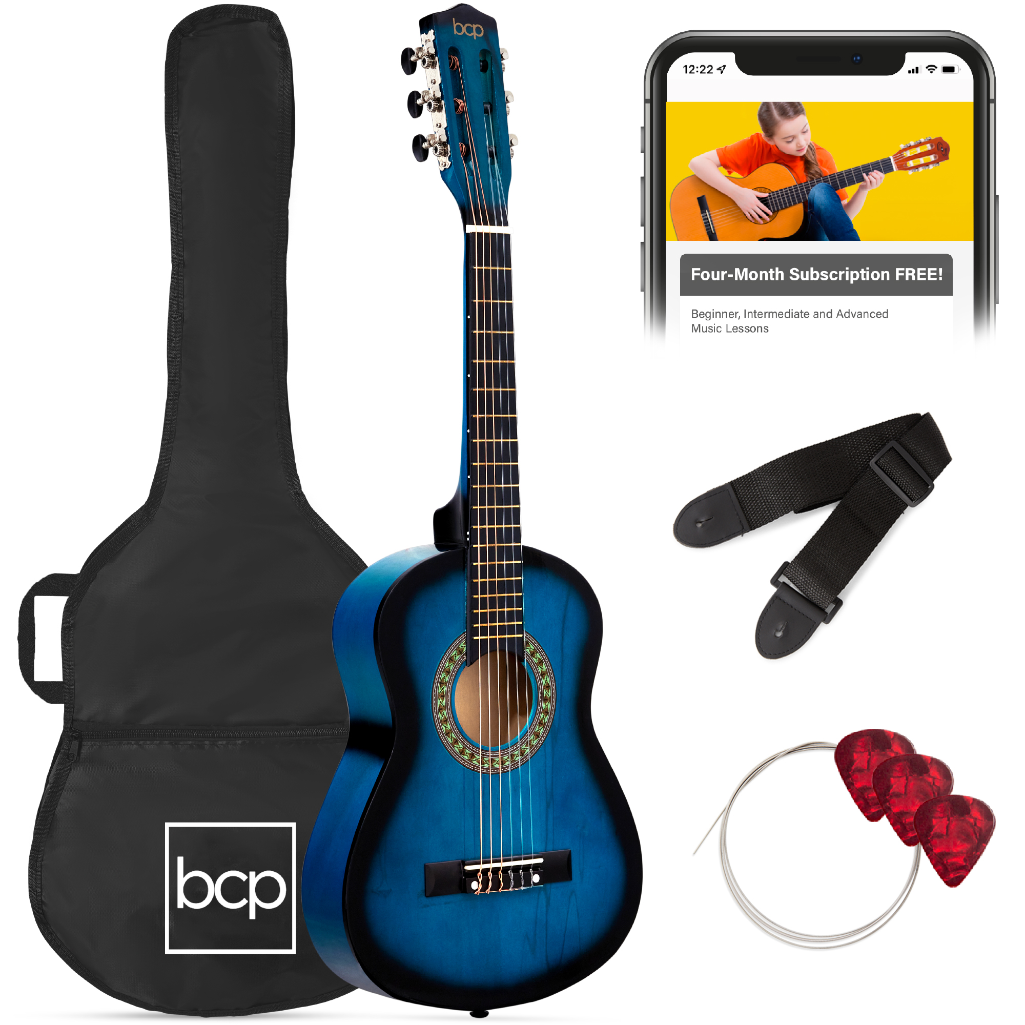 30in Kids Classical Acoustic Guitar Beginners Set w/ Carry Bag, Picks, E-Tuner, Strap - Blue - Best Choice Products Online