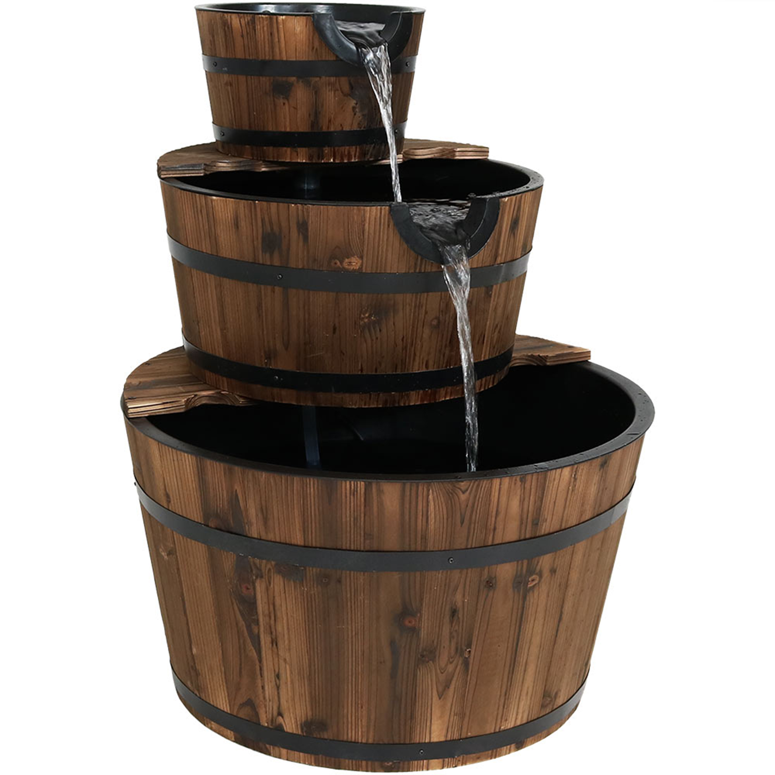 Sunnydaze Rustic 3-Tier Wood Barrel Water Fountain - 30-Inch