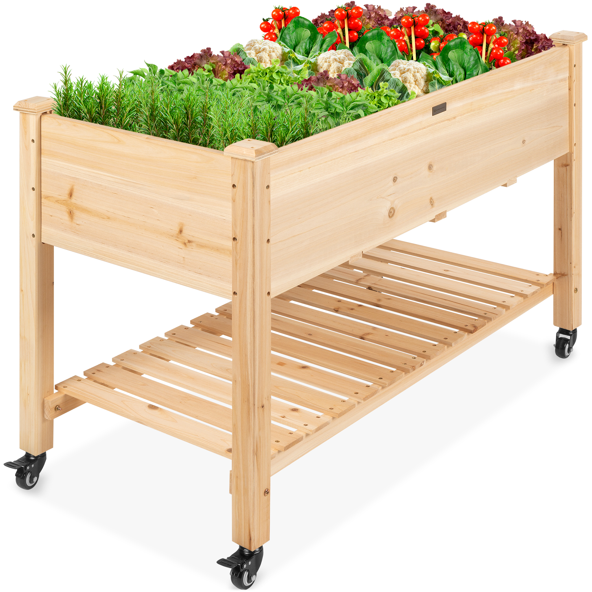 Mobile Elevated Raised Garden Bed Wood Planter Box w/ Lockable Wheels, Storage Shelf, Liner, 48x24x32in - Natural - Best Choice Products Online
