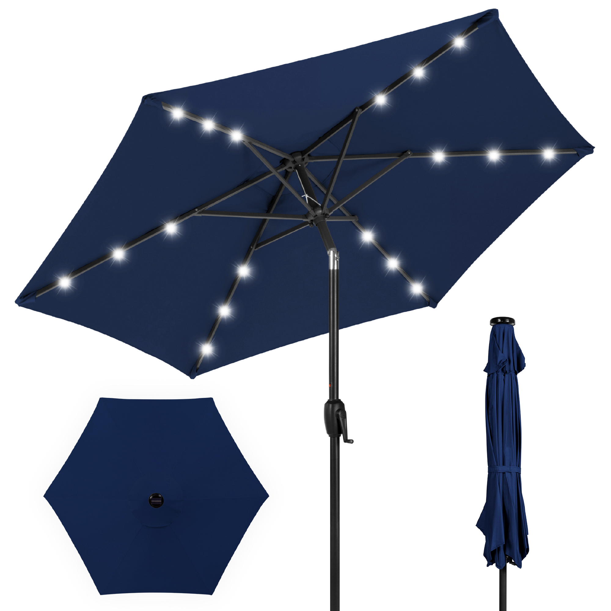 7.5ft Patio Umbrella w/ Solar LED Lights For Deck, Pool w/ Push Button Tilt & Easy Crank Lift - Navy Blue | Best Choice Products Online