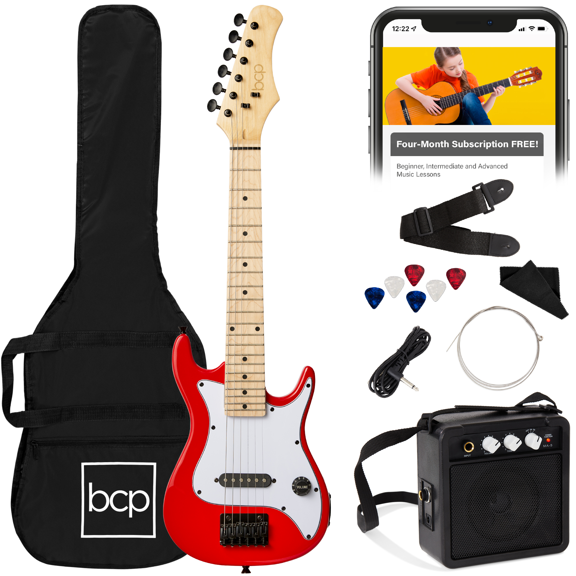 30in Kids Electric Guitar Beginner Starter Kit w/ 5W Amplifier, Strap, Case, Strings, Picks - Metallic Red - Best Choice Products Online