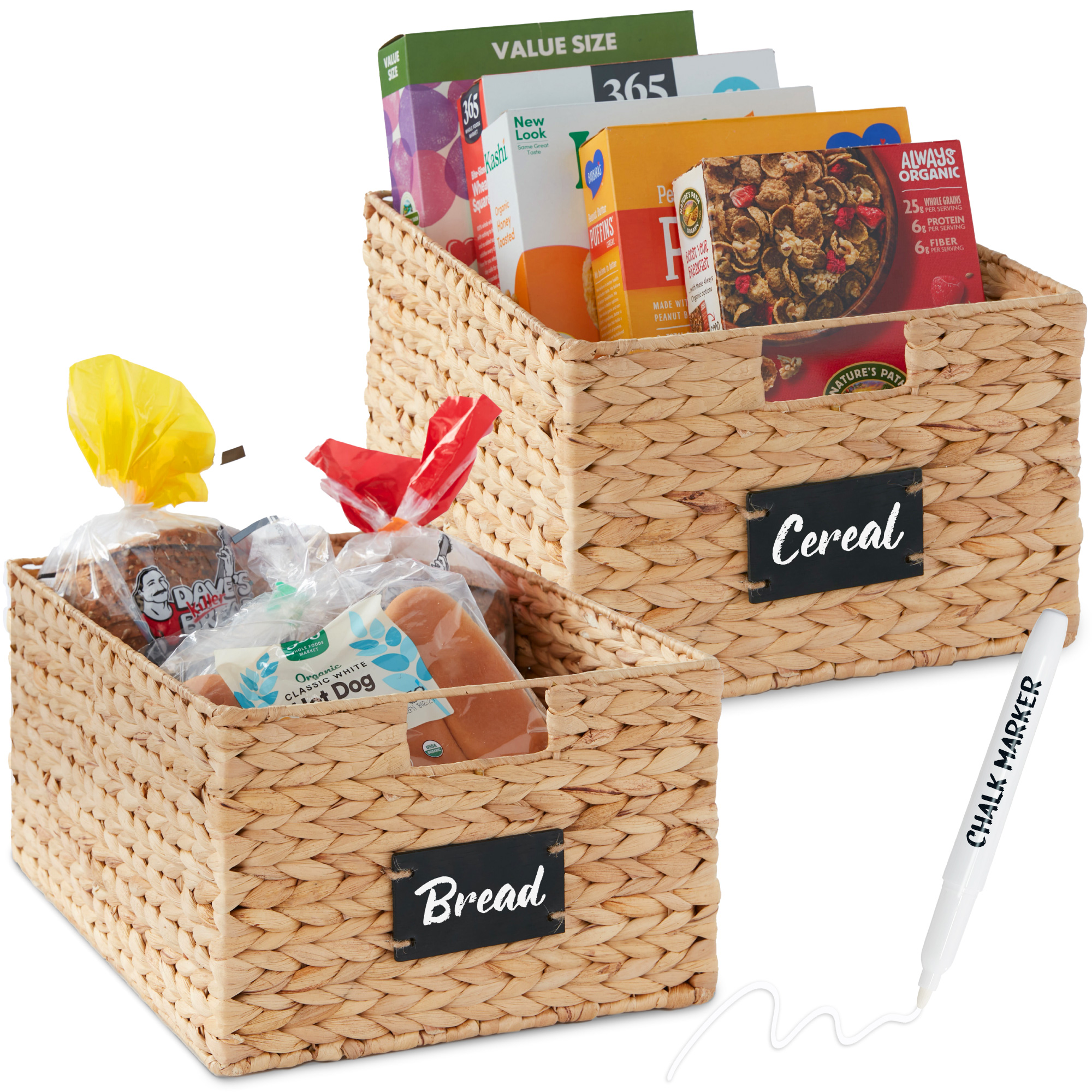 2-Set 16in Woven Water Hyacinth Pantry Baskets w/ Chalkboard Label, Chalk Marker - Natural - Best Choice Products Online