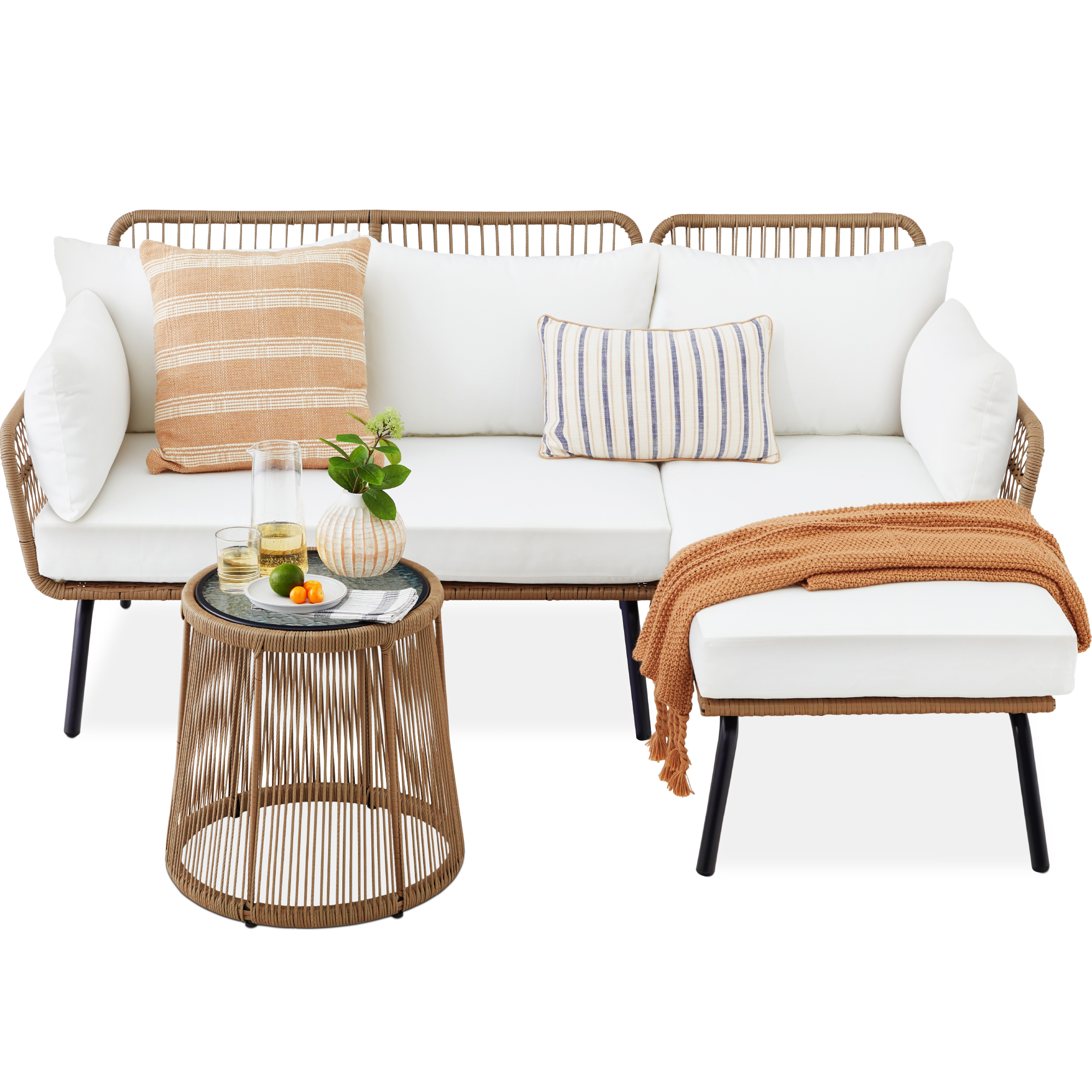 Rope Woven Outdoor Sectional, L-Shape Sofa Conversational Set w/ Detachable Lounger, Table - Beige | Best Choice Products Online