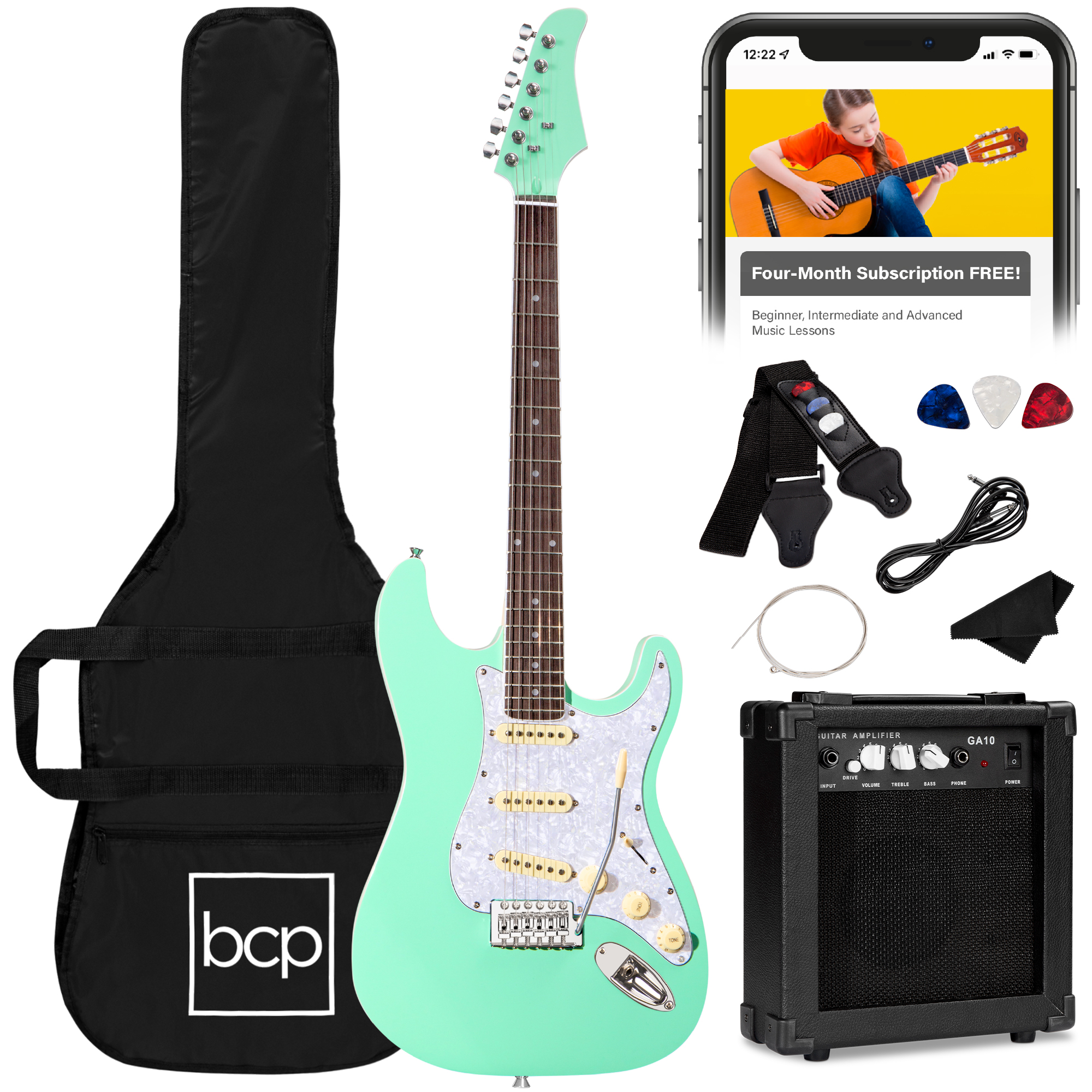 39in Full Size Beginner Electric Guitar Kit w/ Case, Strap, Amp, Whammy Bar - SoCal Green - Best Choice Products Online