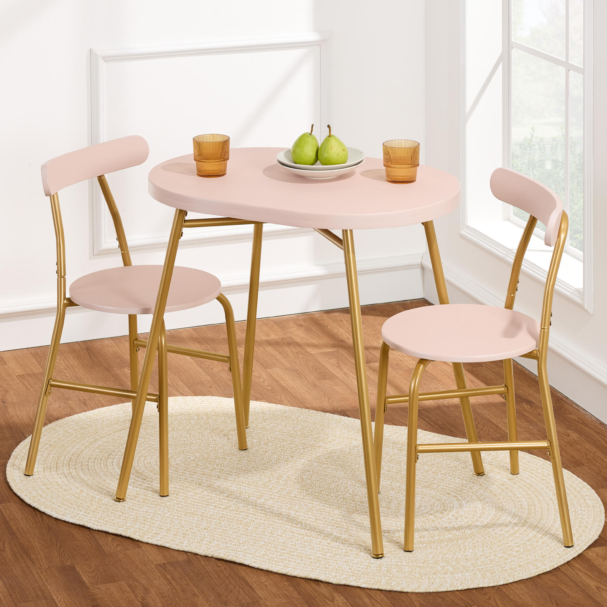 3-Piece Modern Oval Dining Table Set, Small Kitchen Dinette w/ 2 Chairs - Pink/Gold - Best Choice Products Online