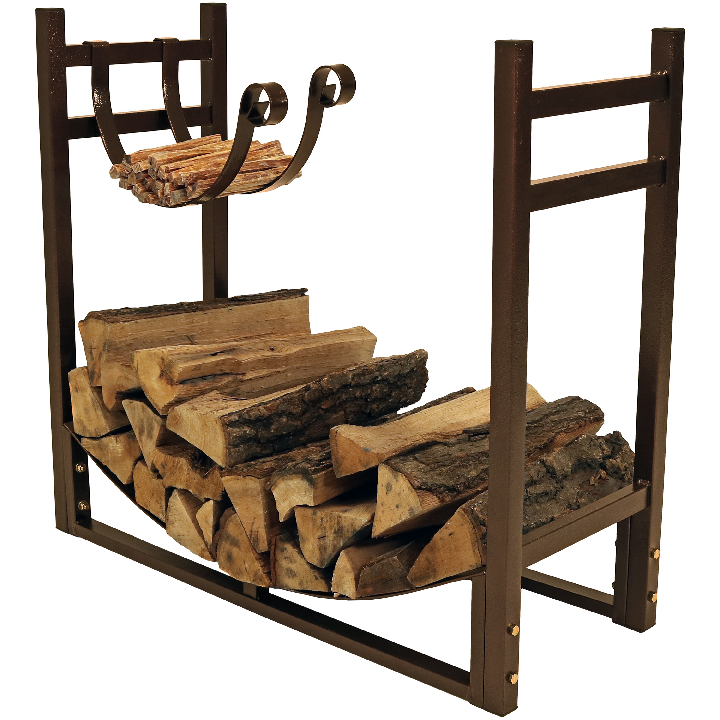 Sunnydaze Indoor/Outdoor Firewood Log Rack with Kindling Holder, Bronze