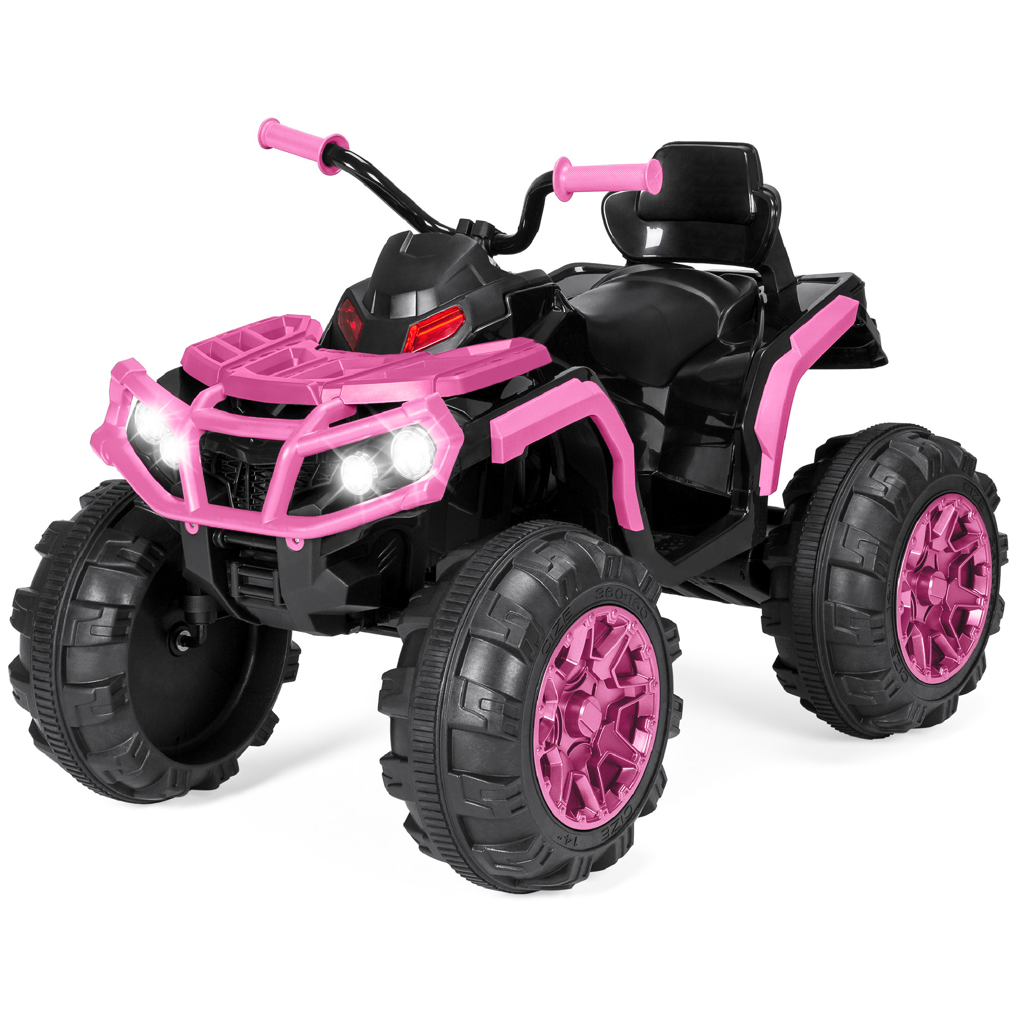 Kids ATV, 12V Battery Power 4-Wheel Super Quad Driving Car Toy w/ LED Headlights, Bluetooth, Treaded Tires, Radio - Pink - Best Choice Products
