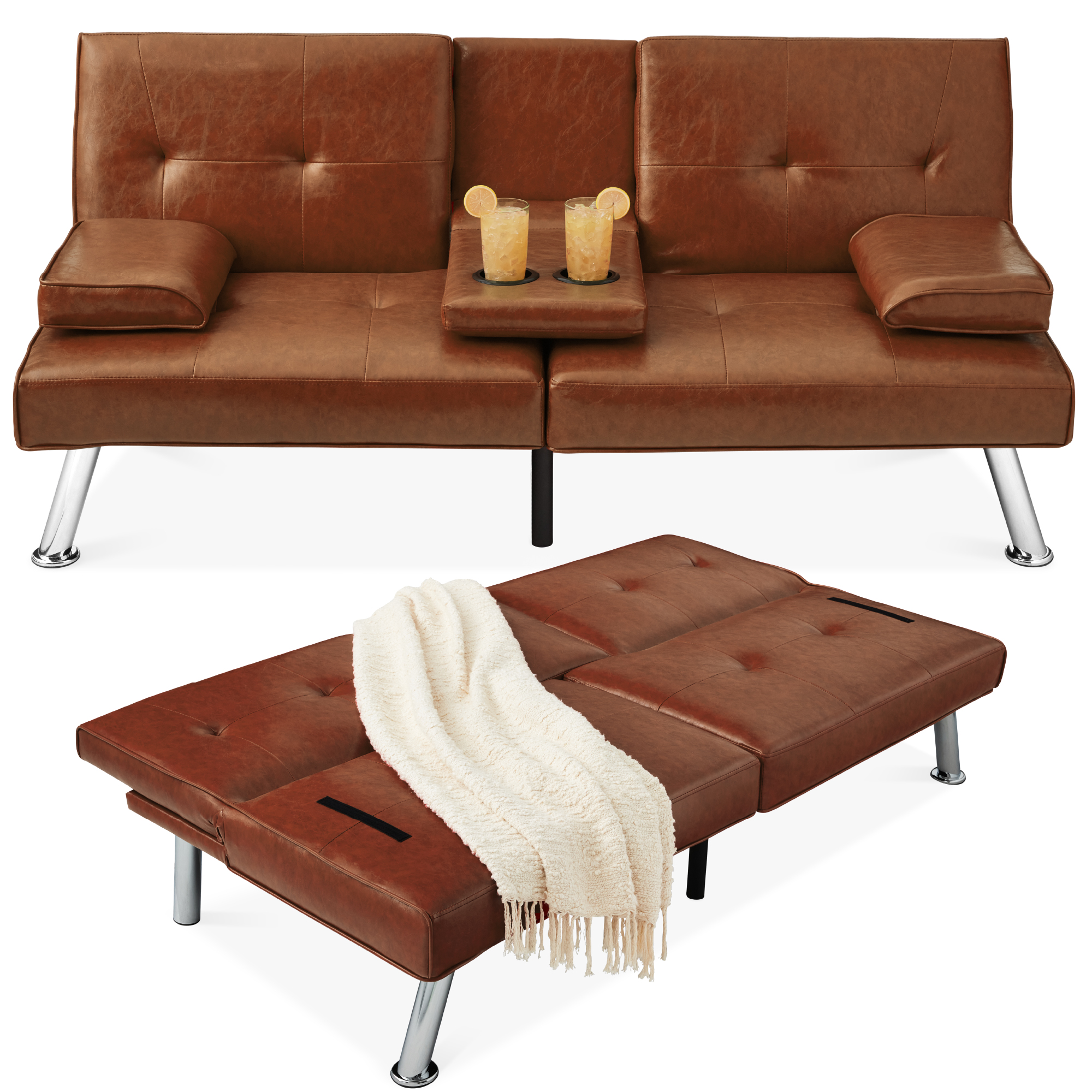 Modern Faux Leather Convertible Futon Sofa w/ Removable Armrests, 2 Cupholders - Medium Brown - Best Choice Products Online