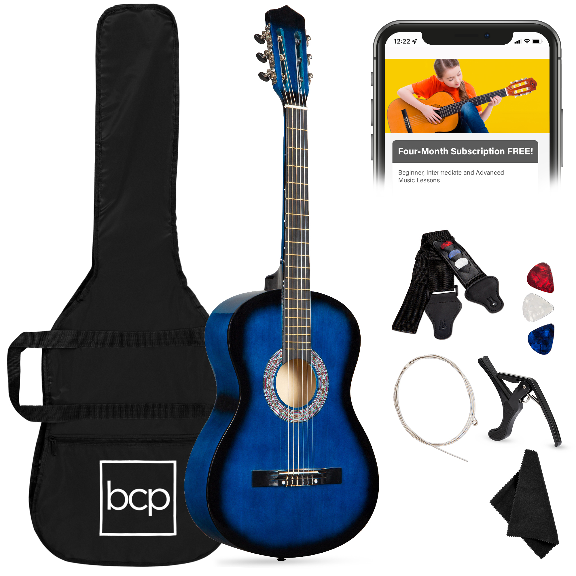 38in Beginner Acoustic Guitar Starter Kit w/ Case, Strap, Digital Tuner, Pick, Strings - Blueburst