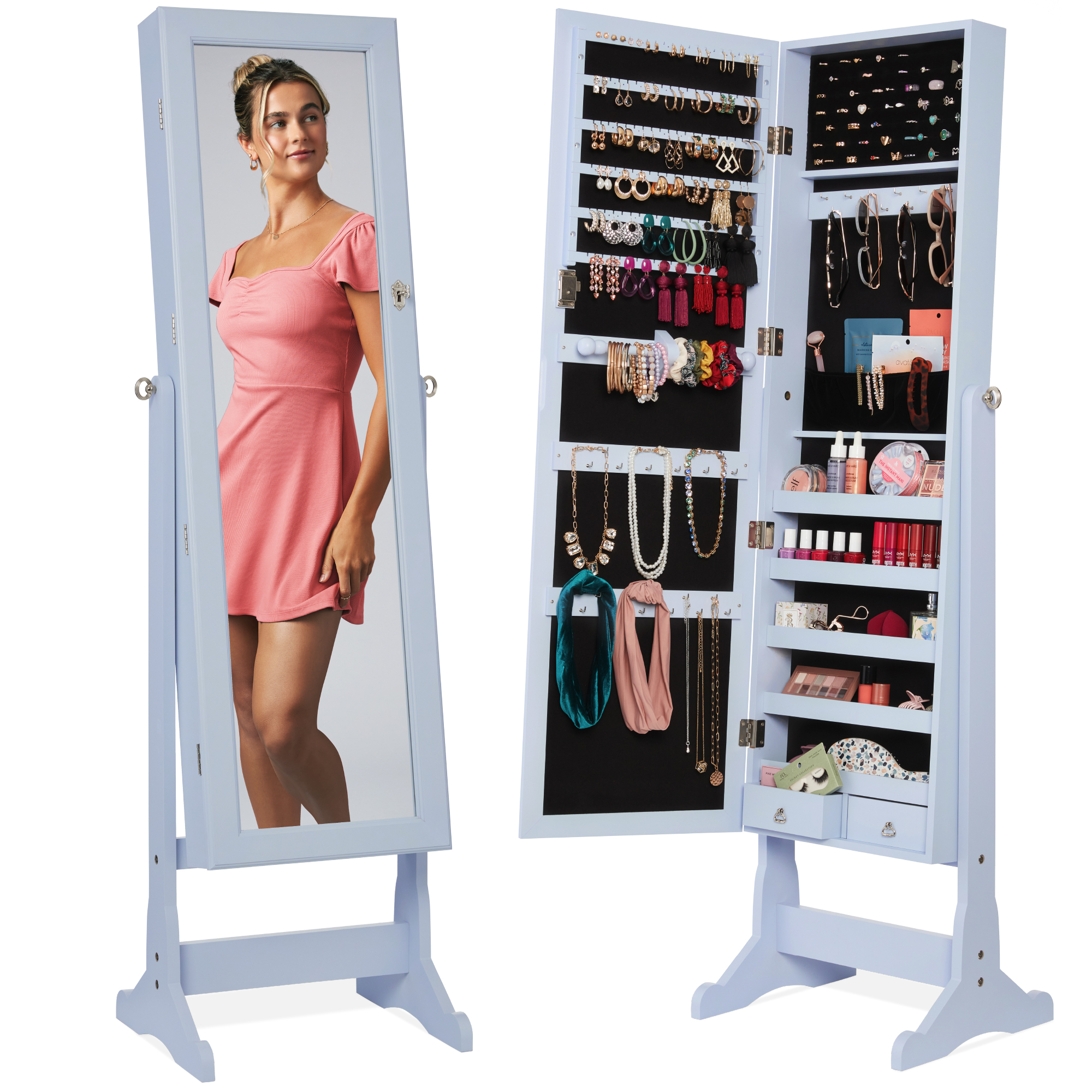 Standing Mirrored Jewelry Armoire Organizer, Lockable Full Length Storage Cabinet w/ Velvet Interior - Powder Blue - Best Choice Products Online
