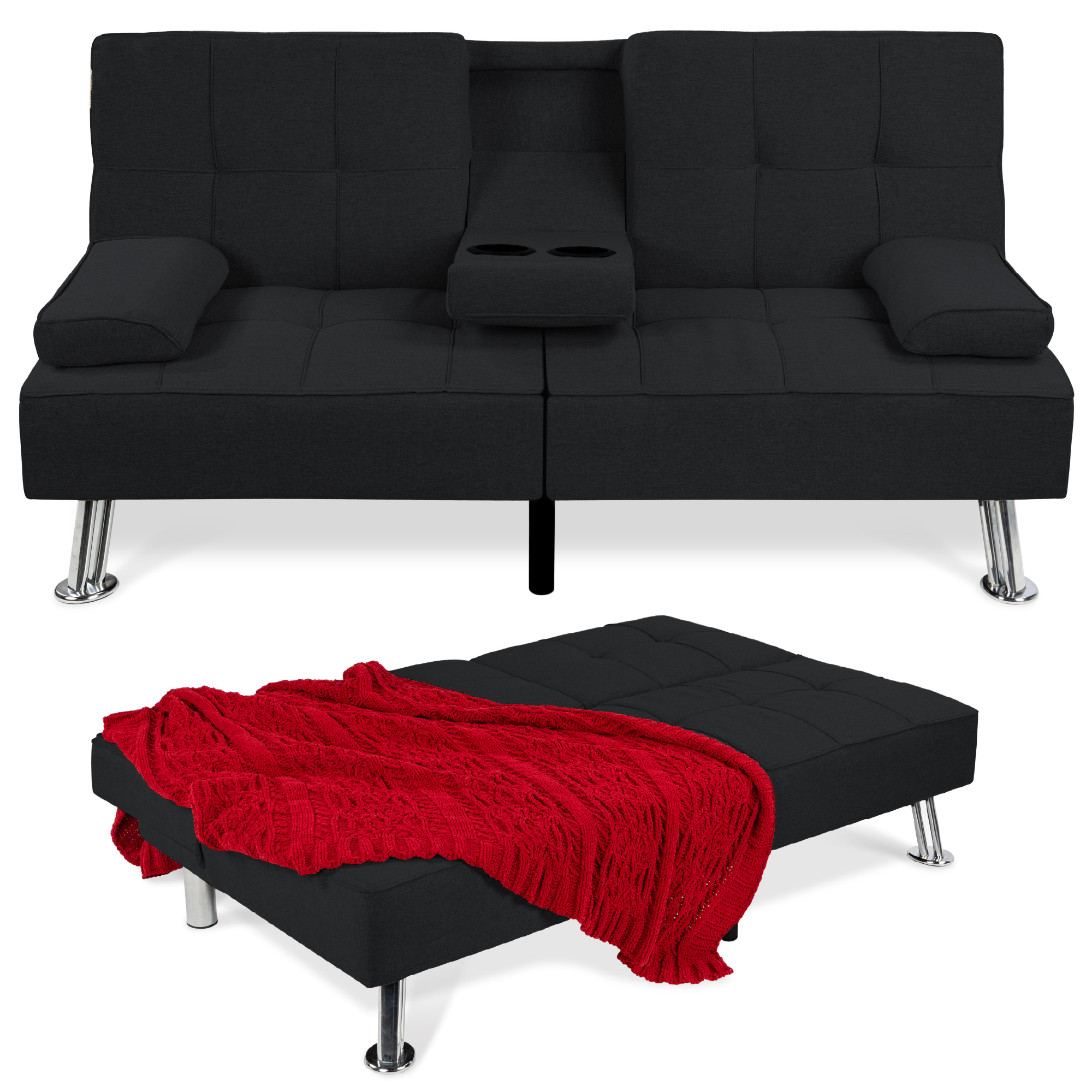 Linen Upholstered Convertible Sofa Bed Futon, Modern Design w/ Removable Armrests, Metal Legs, 2 Cupholders - Black - Best Choice Products Online