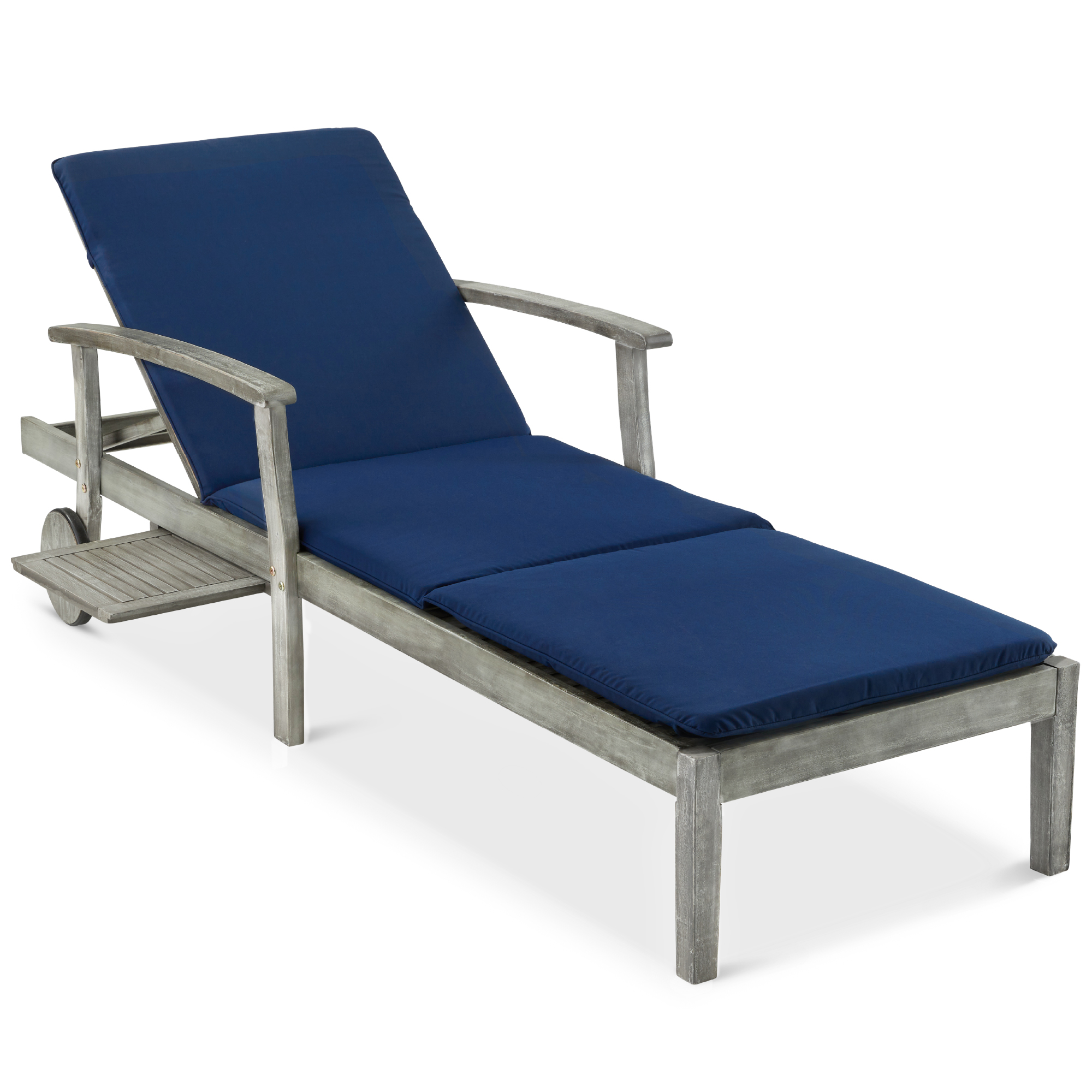 Acacia Wood Patio Chaise Lounge Chair w/ Adjustable Backrest, Table, Wheels - 79x26in - Gray/Navy - Best Choice Products Online