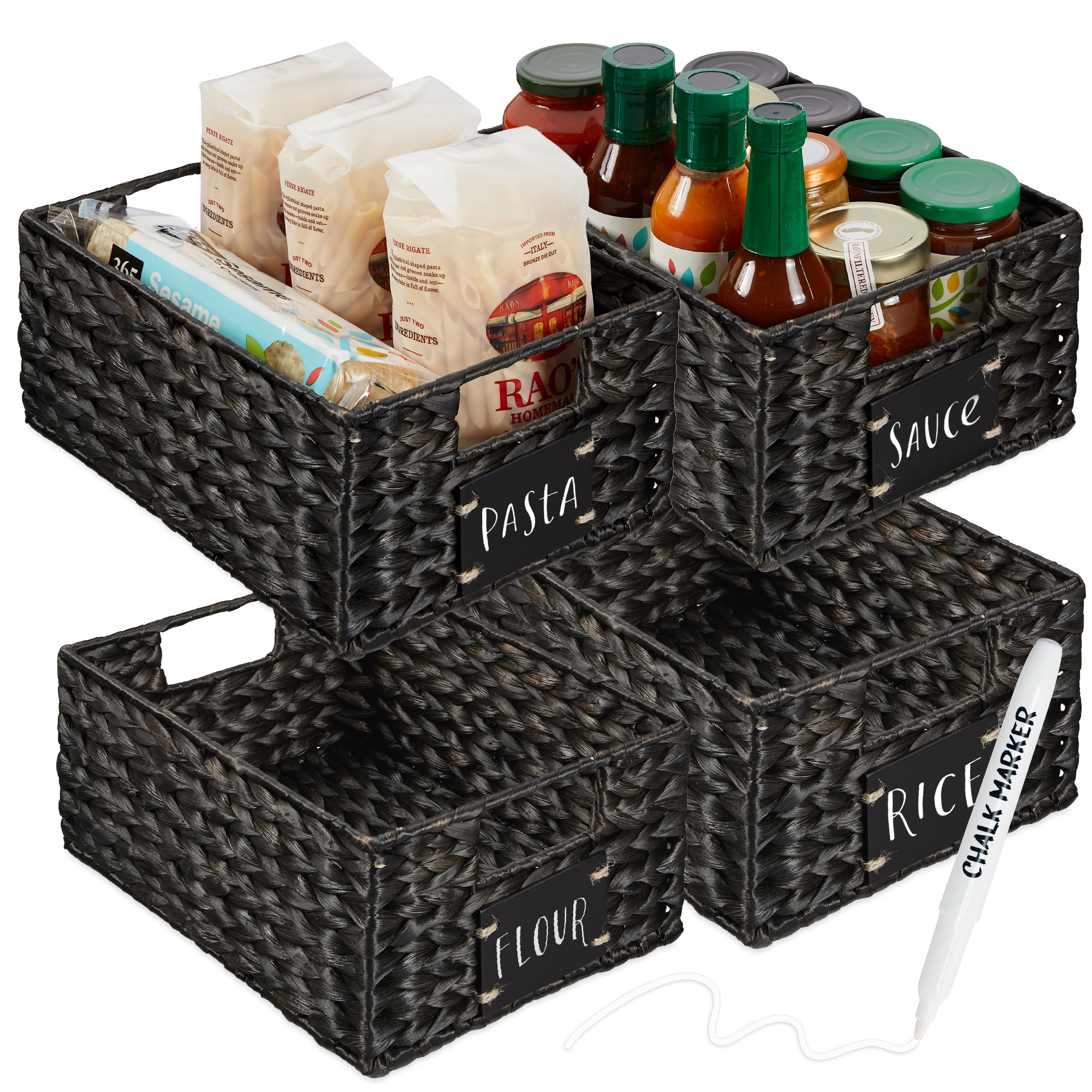 4 Woven Water Hyacinth Pantry Baskets w/ Chalkboard Label, Chalk Marker, 12in - Black - Best Choice Products Online