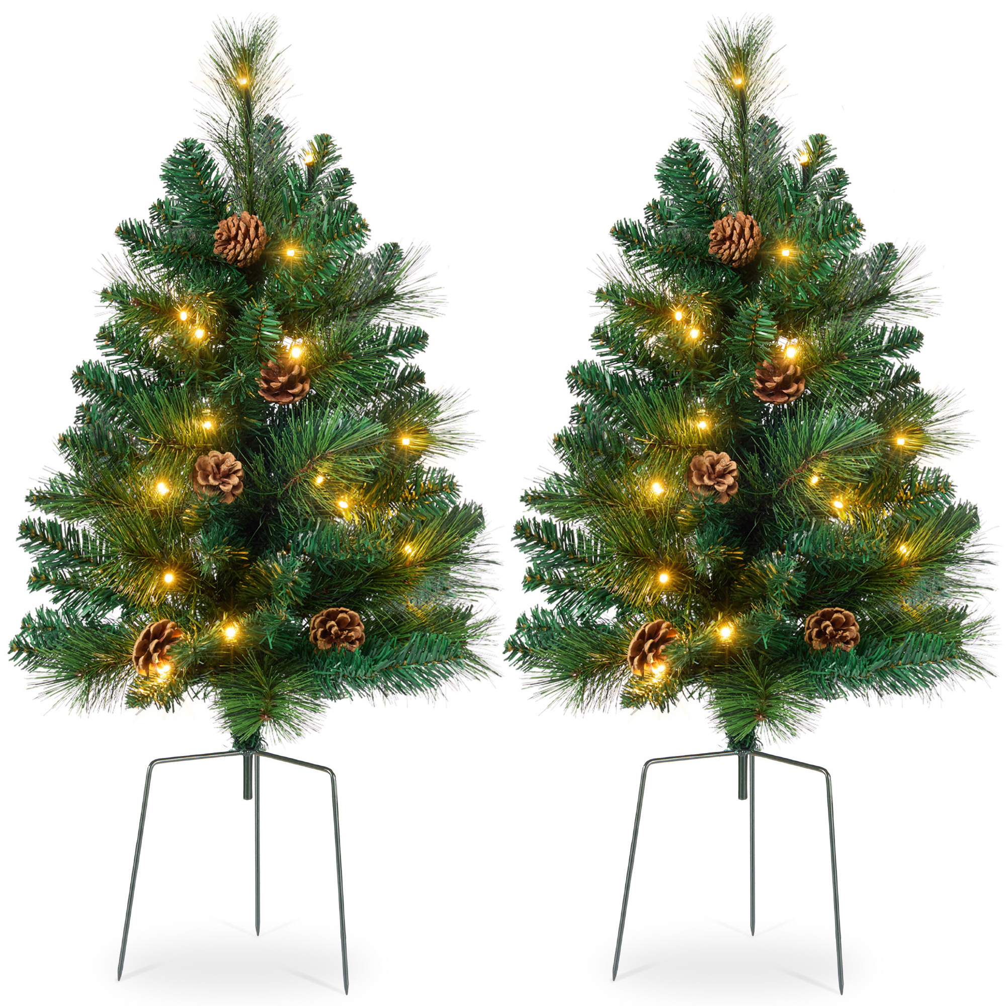 24.5in Set of 2 Outdoor Scotch Pine Pathway Christmas Trees Decor w/ LED Lights, Pine Cones - Best Choice Products Online