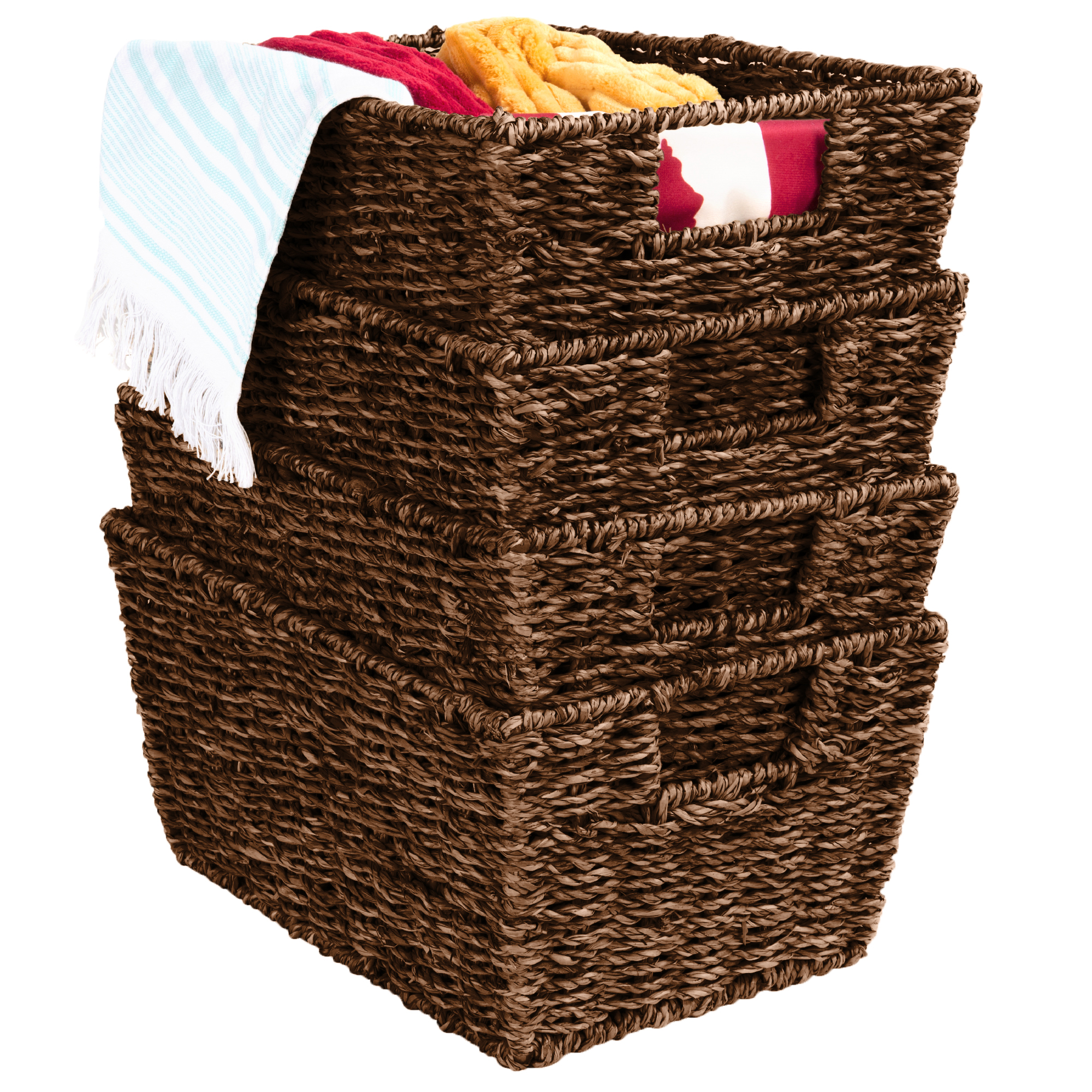Set Of 4 Laundry Tote Baskets, Multipurpose Stackable Seagrass Storage Organizers w/ Insert Handles - Brown | Best Choice Products Online