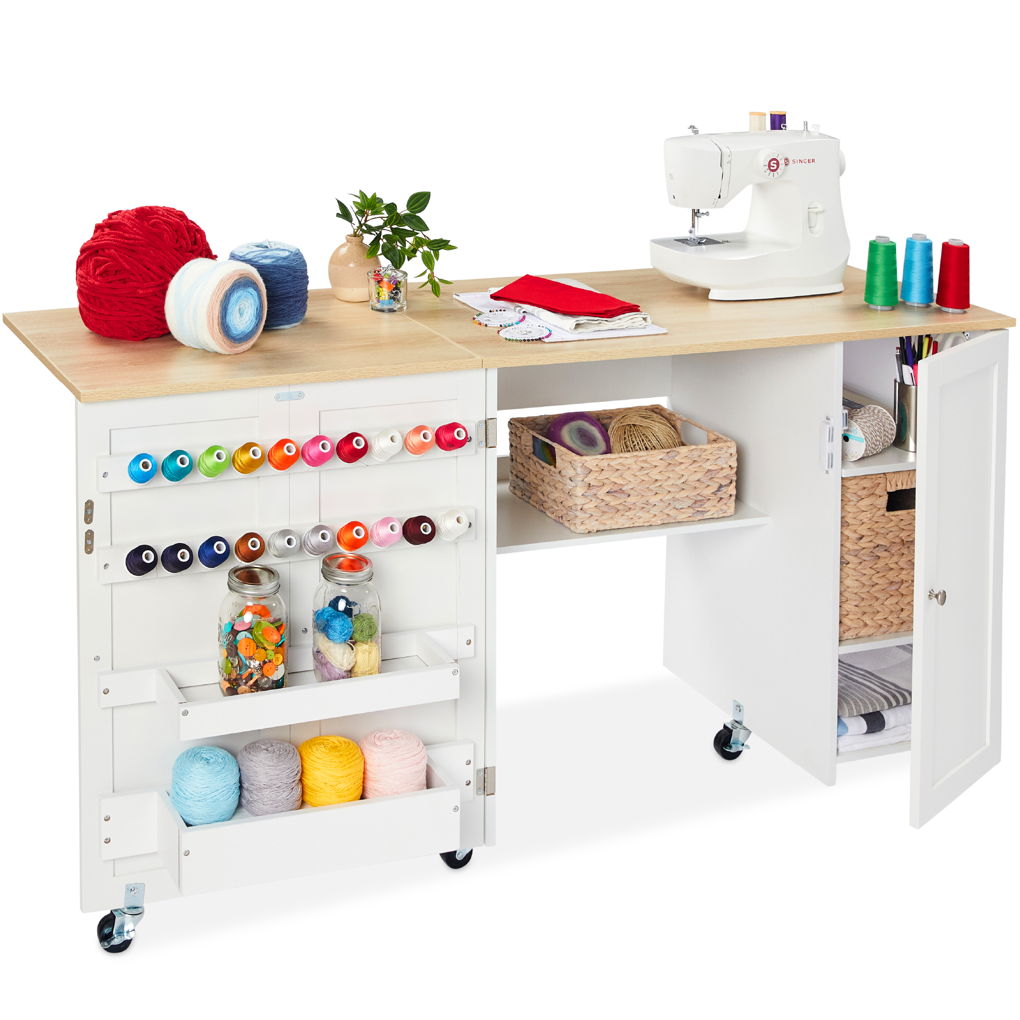 Large Portable Multipurpose Folding Sewing Table w/ Magnetic Doors, Craft Storage - Natural/White - Best Choice Products Online