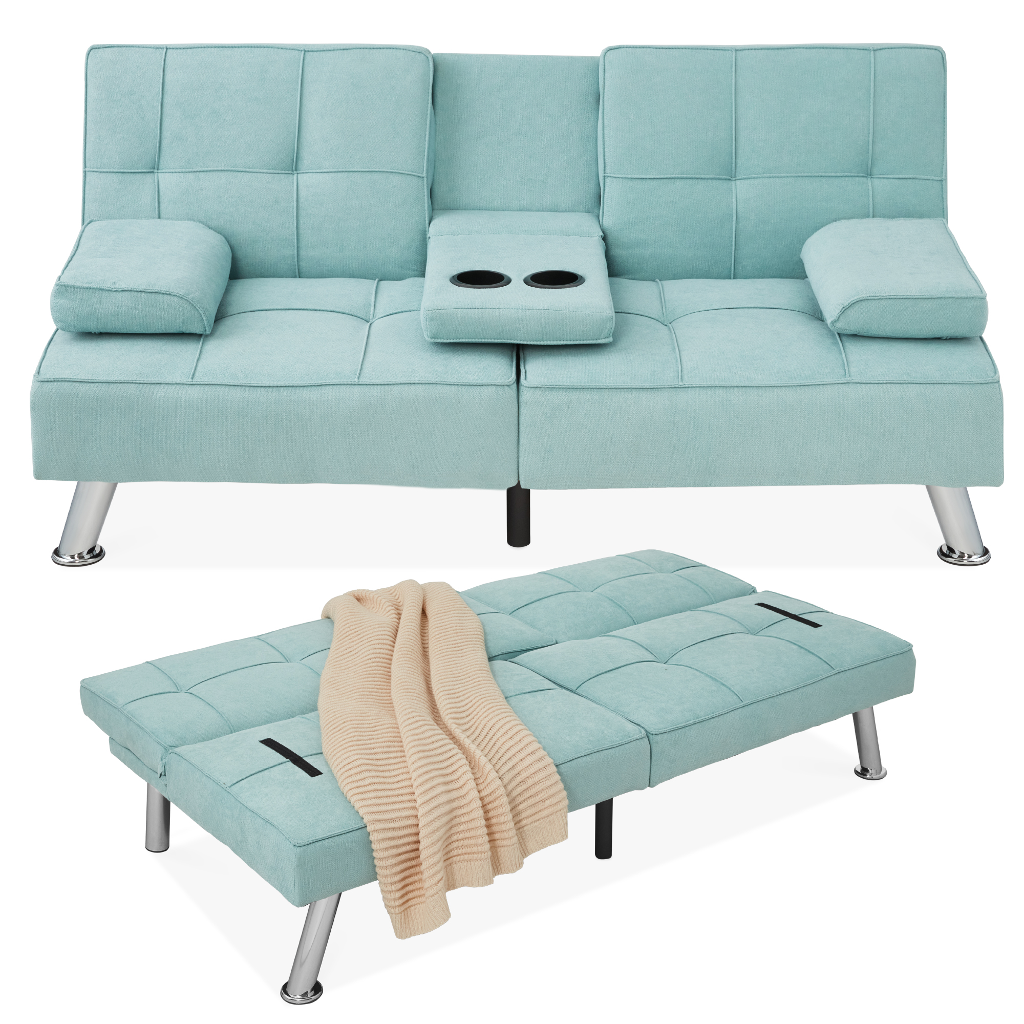 Linen Upholstered Convertible Sofa Bed Futon, Modern Design w/ Removable Armrests, Metal Legs, 2 Cupholders - Aqua - Best Choice Products Online